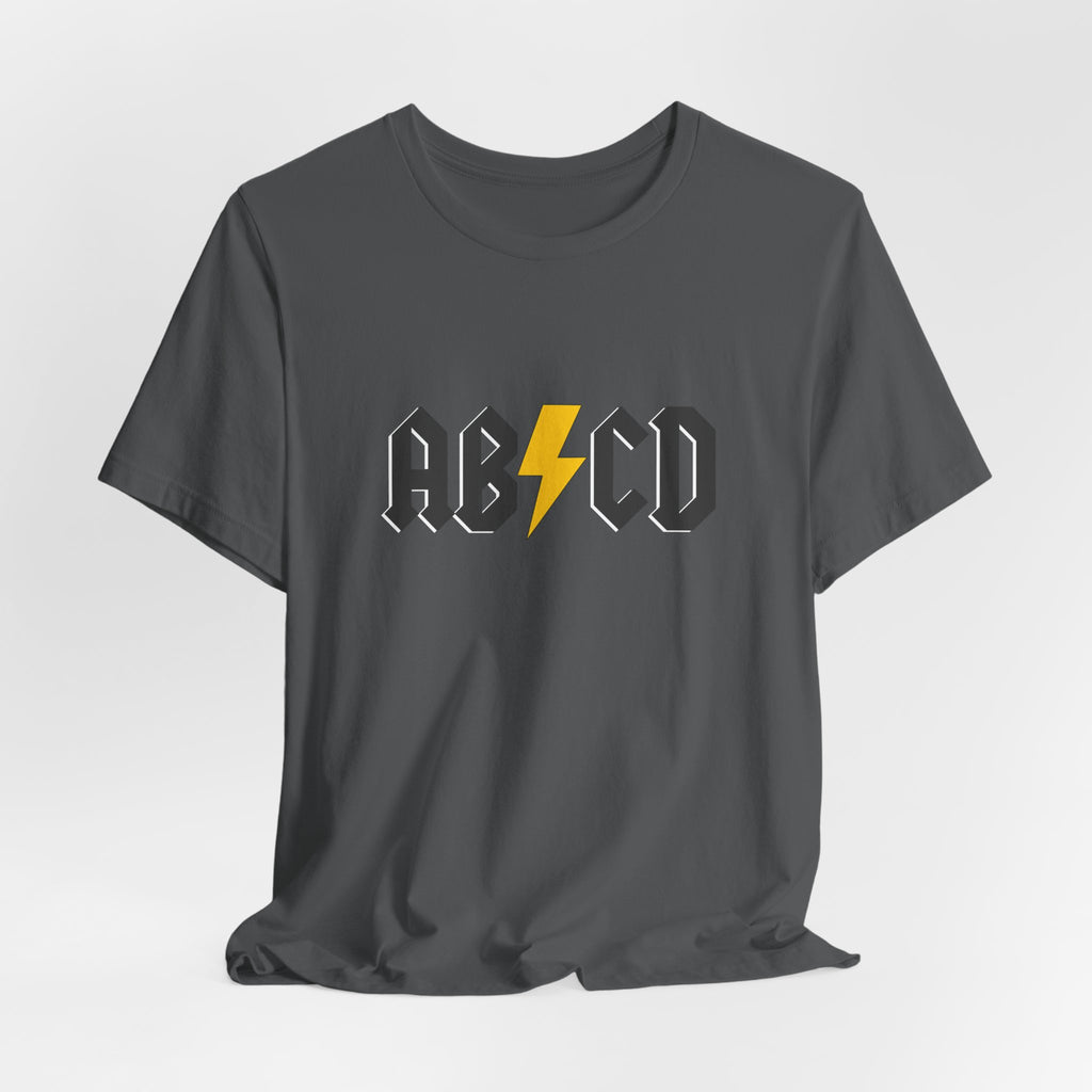 Grey t-shirt with "ABCD" text and lightning graphics on a white background