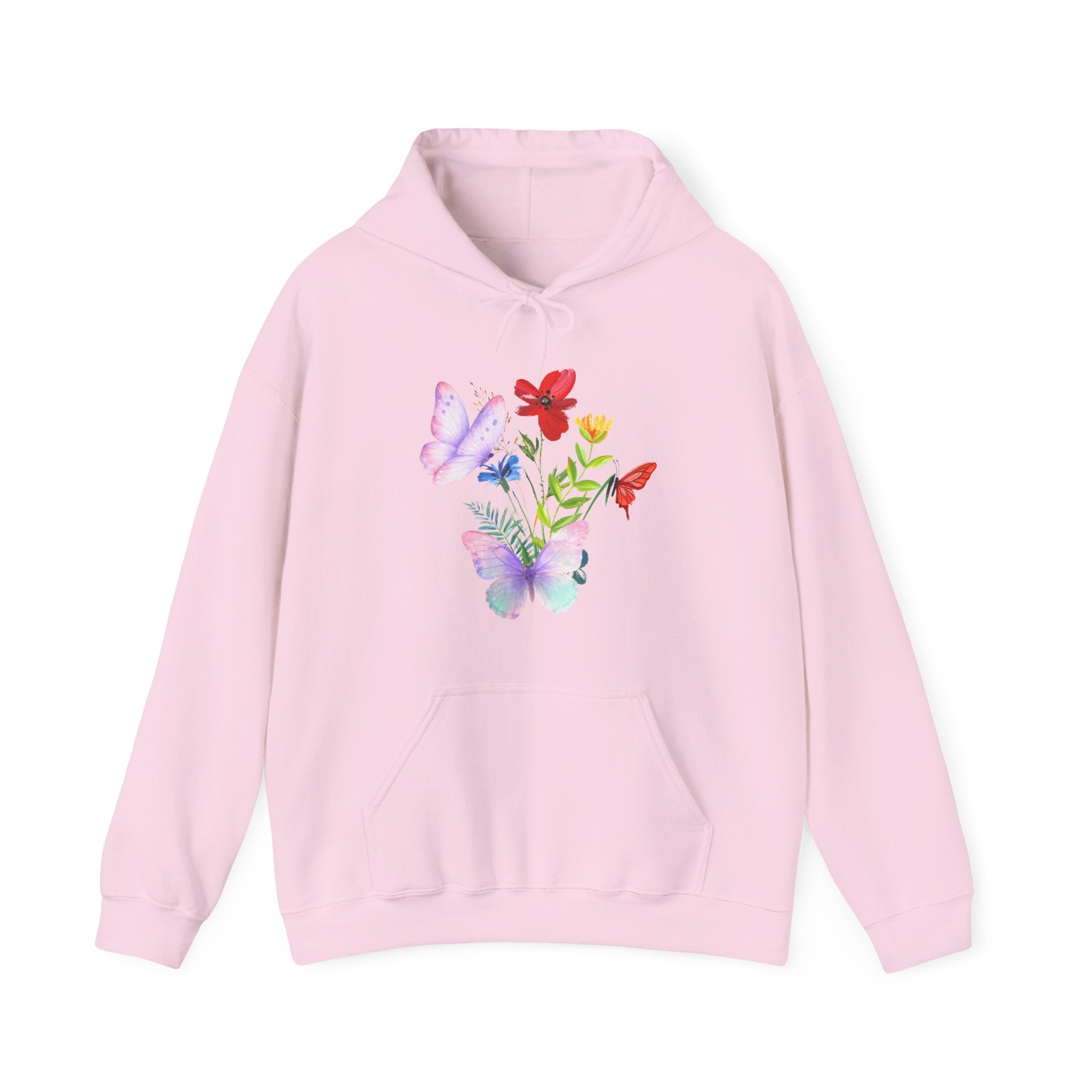 Pink hoodie with colorful butterfly and flower design on a white background