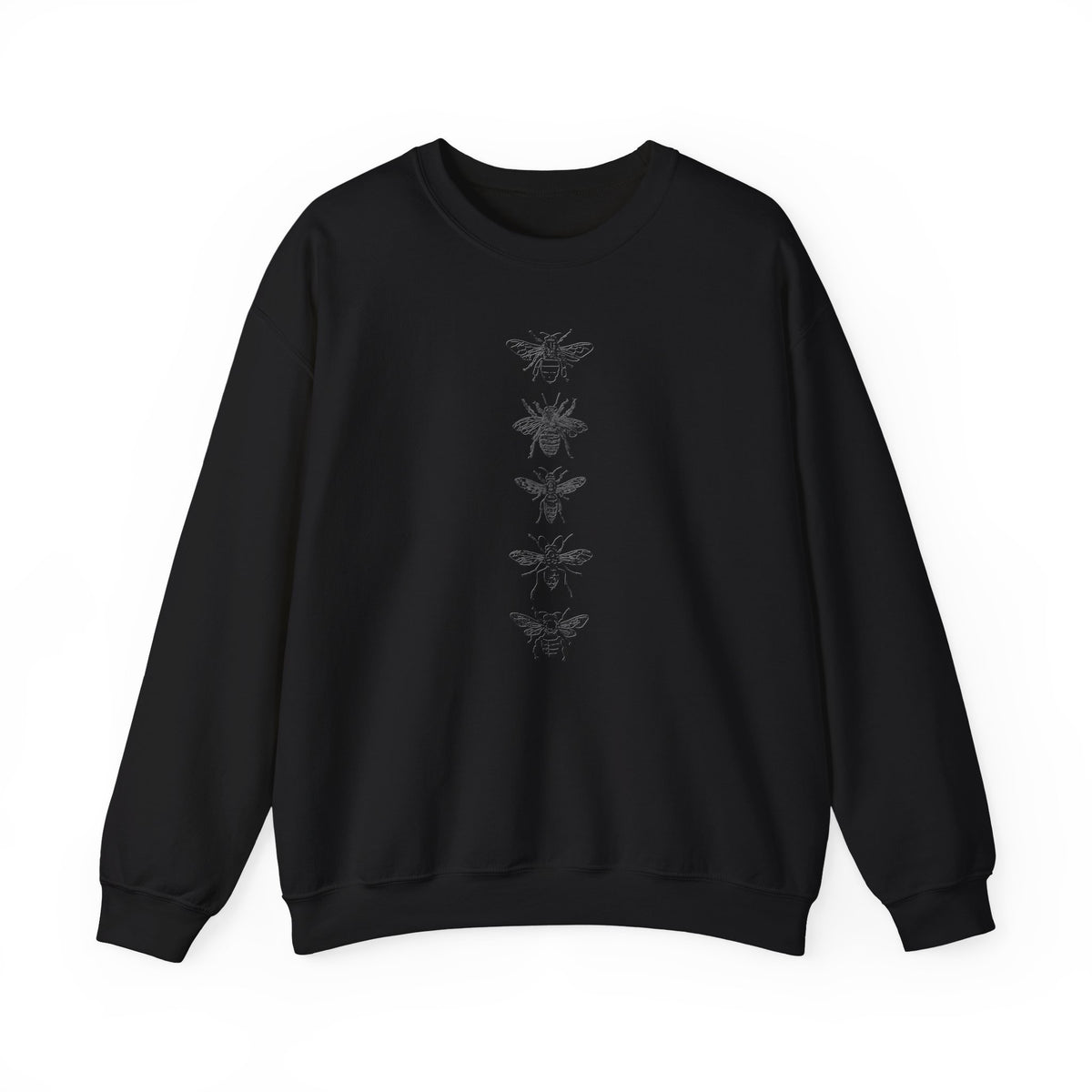Black sweatshirt with bee formation on a white background
