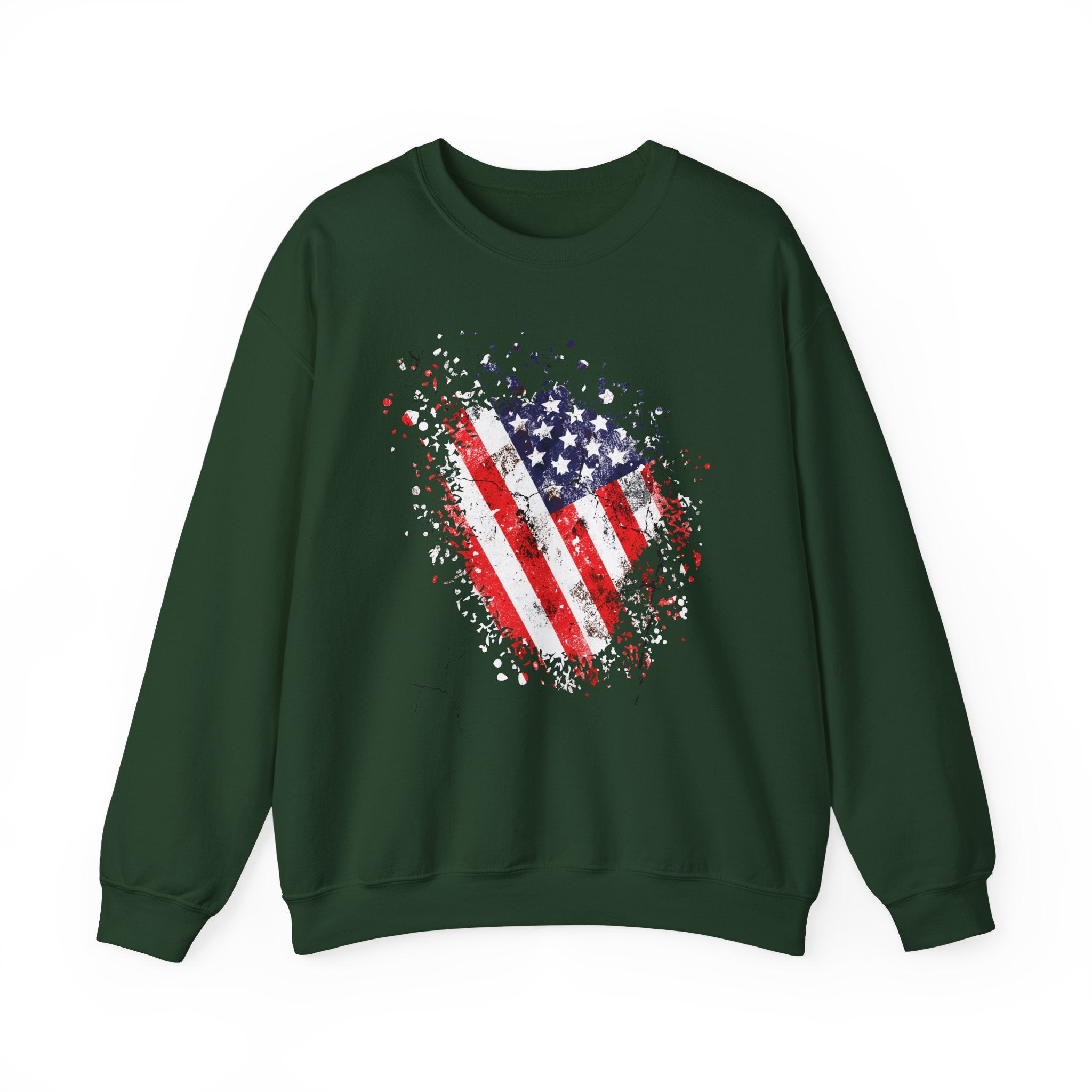 Green sweatshirt with American flag design on a white background
