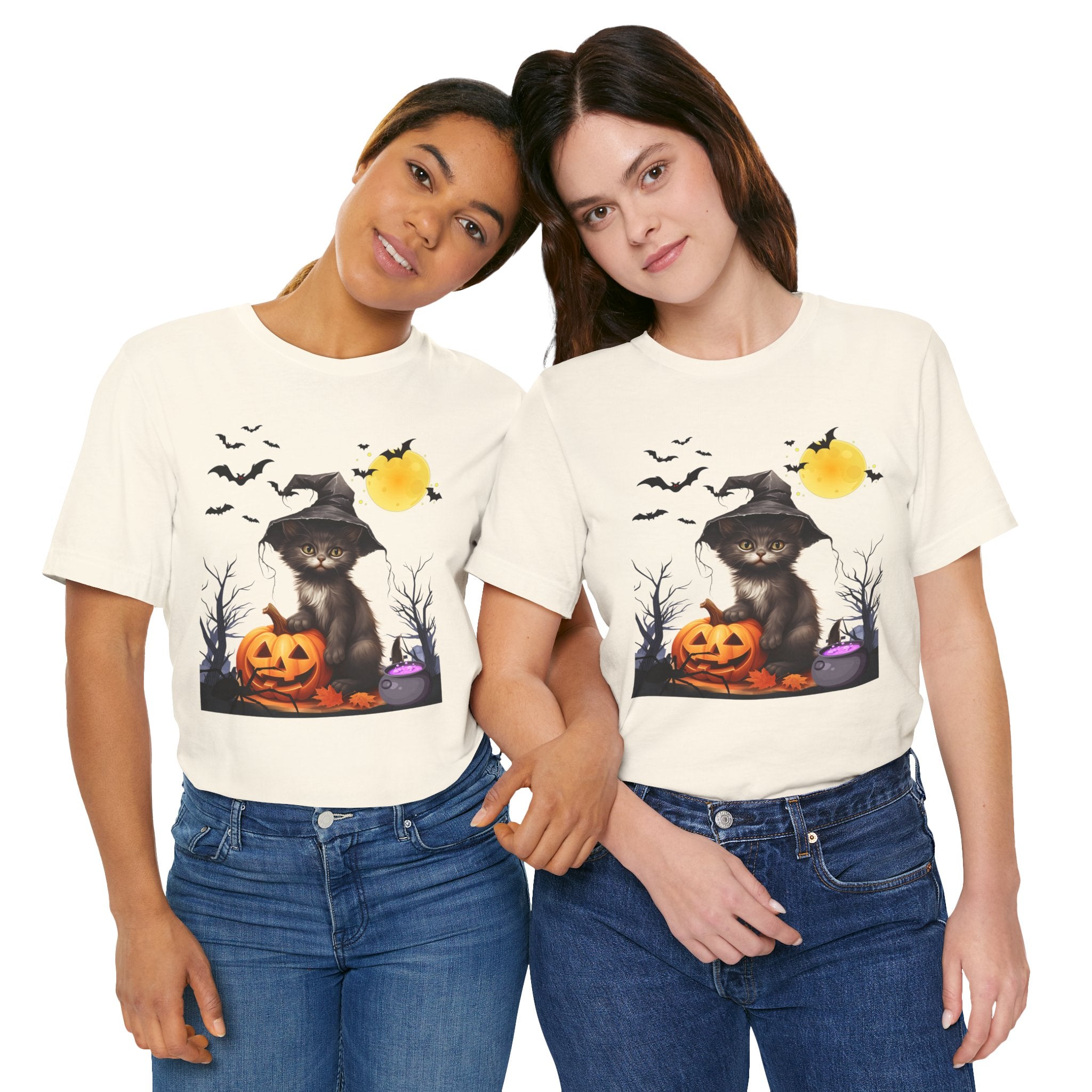 Halloween Cat with Bats, Pumpkin, Moon and Spider T-shirt