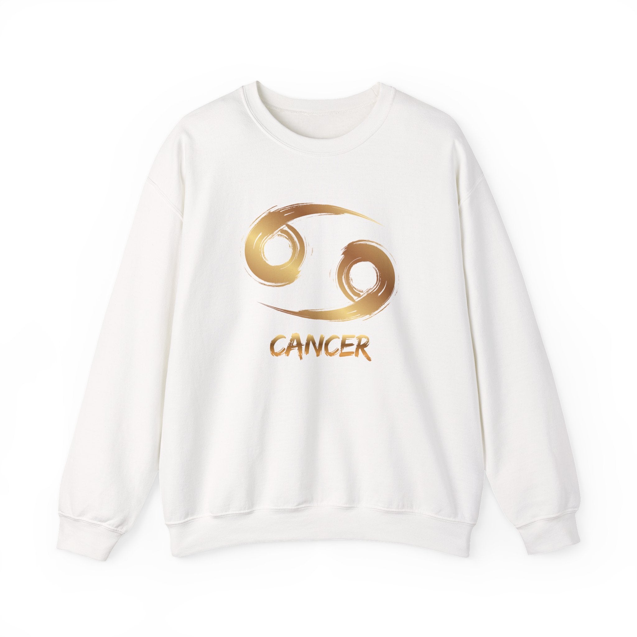 White sweatshirt with gold Cancer zodiac symbol on a white background