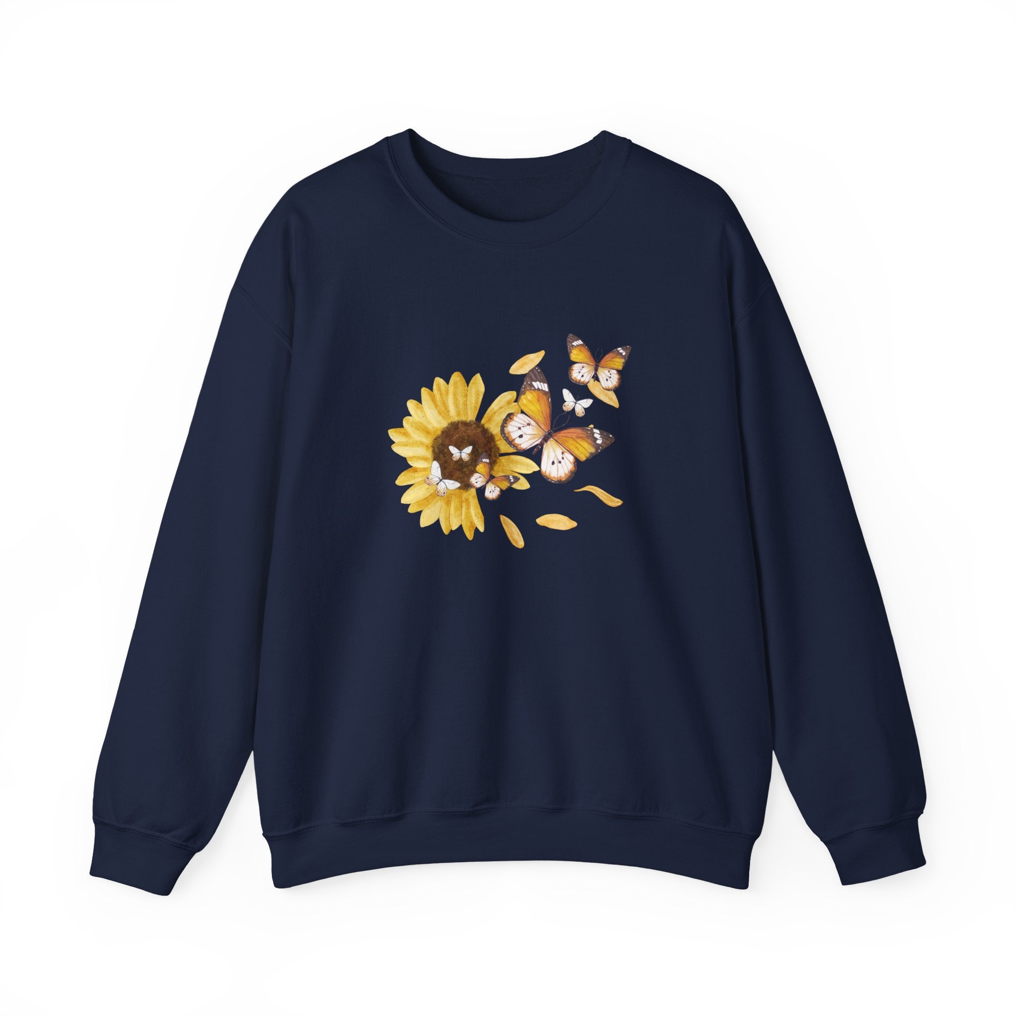 Navy blue sweatshirt with a sunflower and butterfly design on a white background