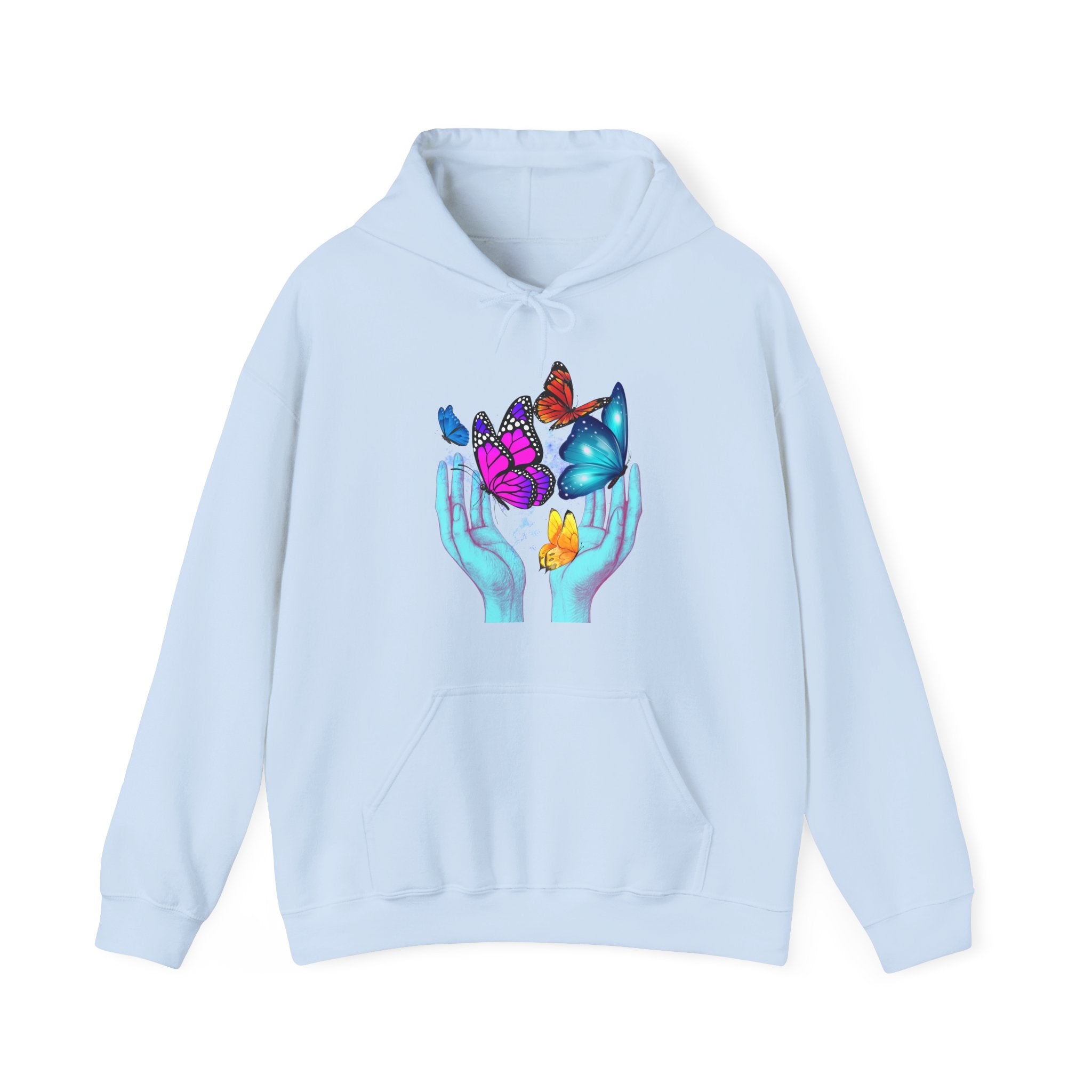 Light blue hoodie with colorful butterfly design on a white background