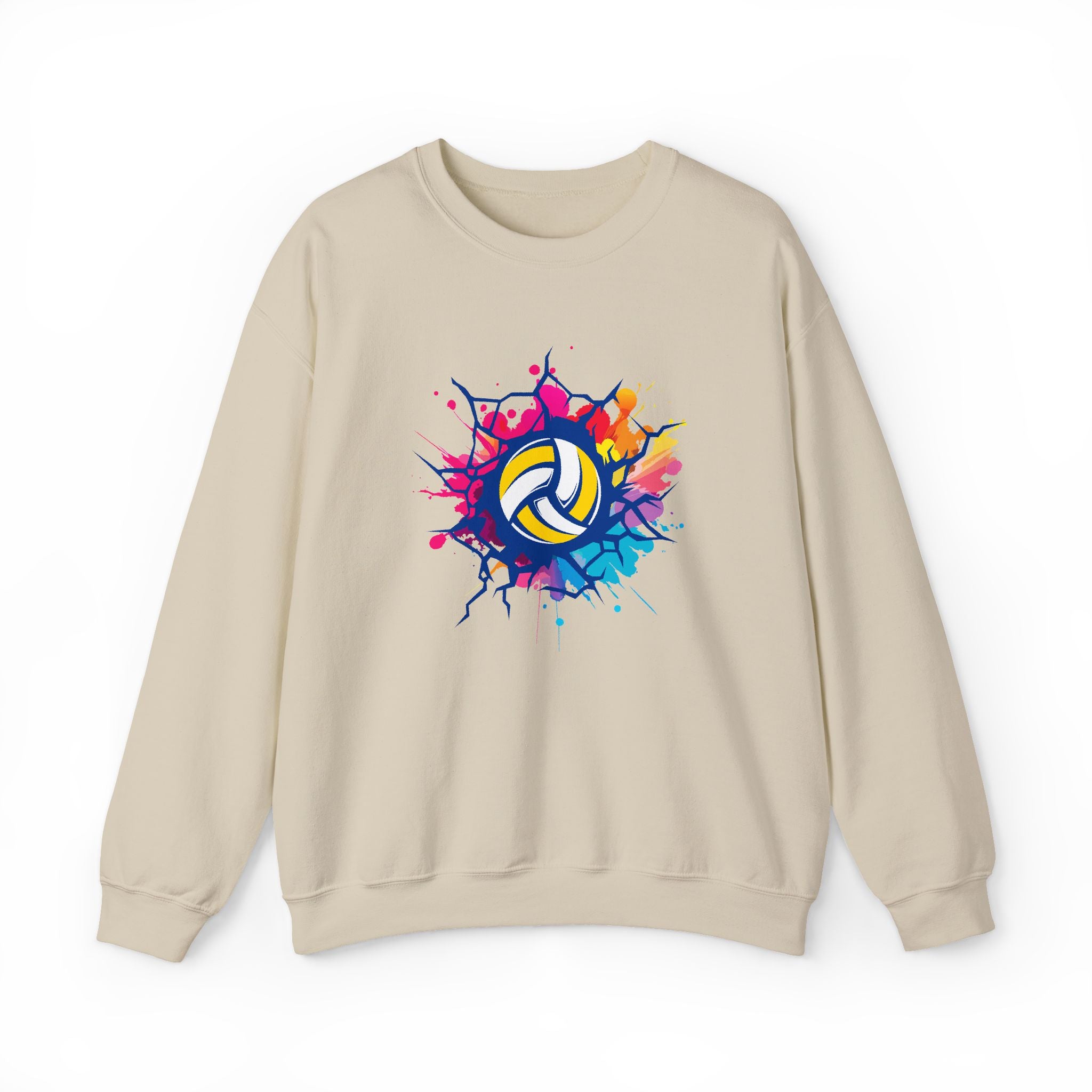 Beige sweatshirt with a colorful volleyball design on a white background