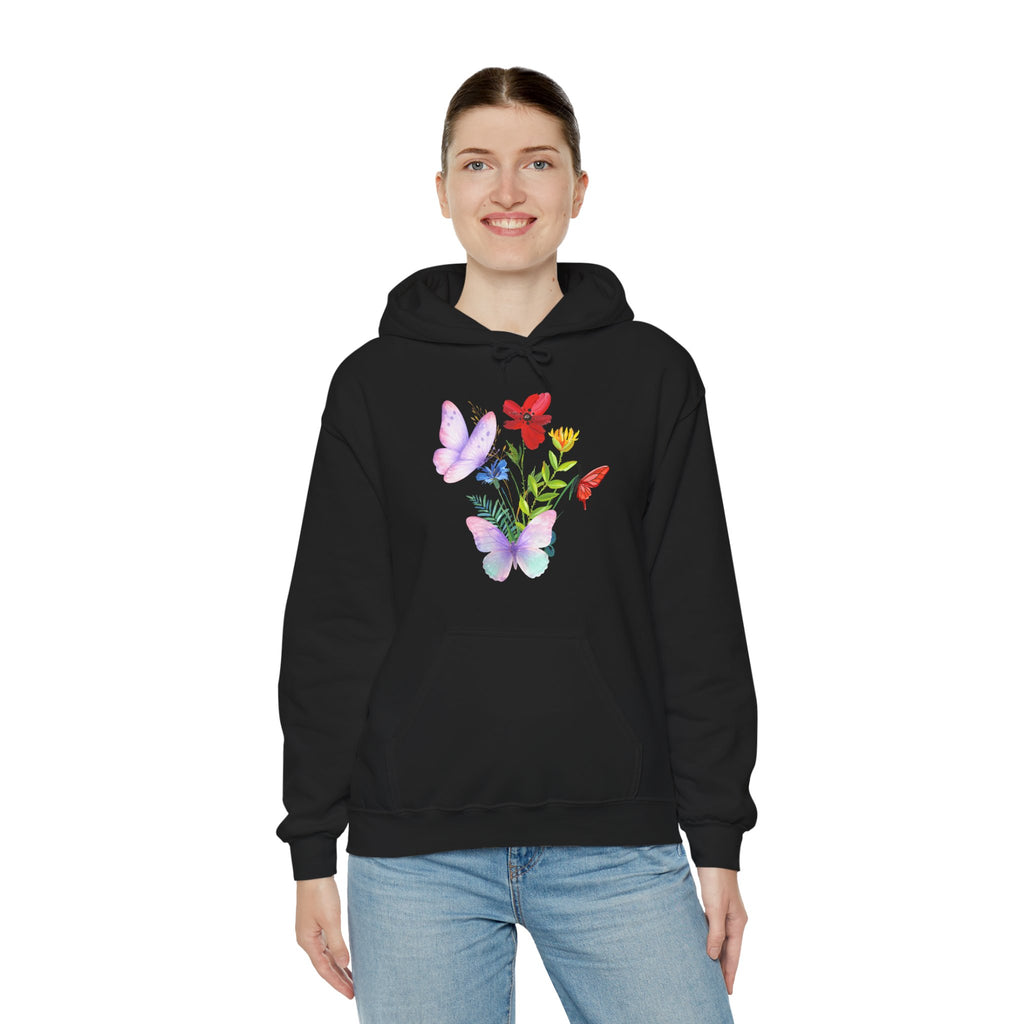Person wearing a black hoodie with colorful butterfly design on a white background