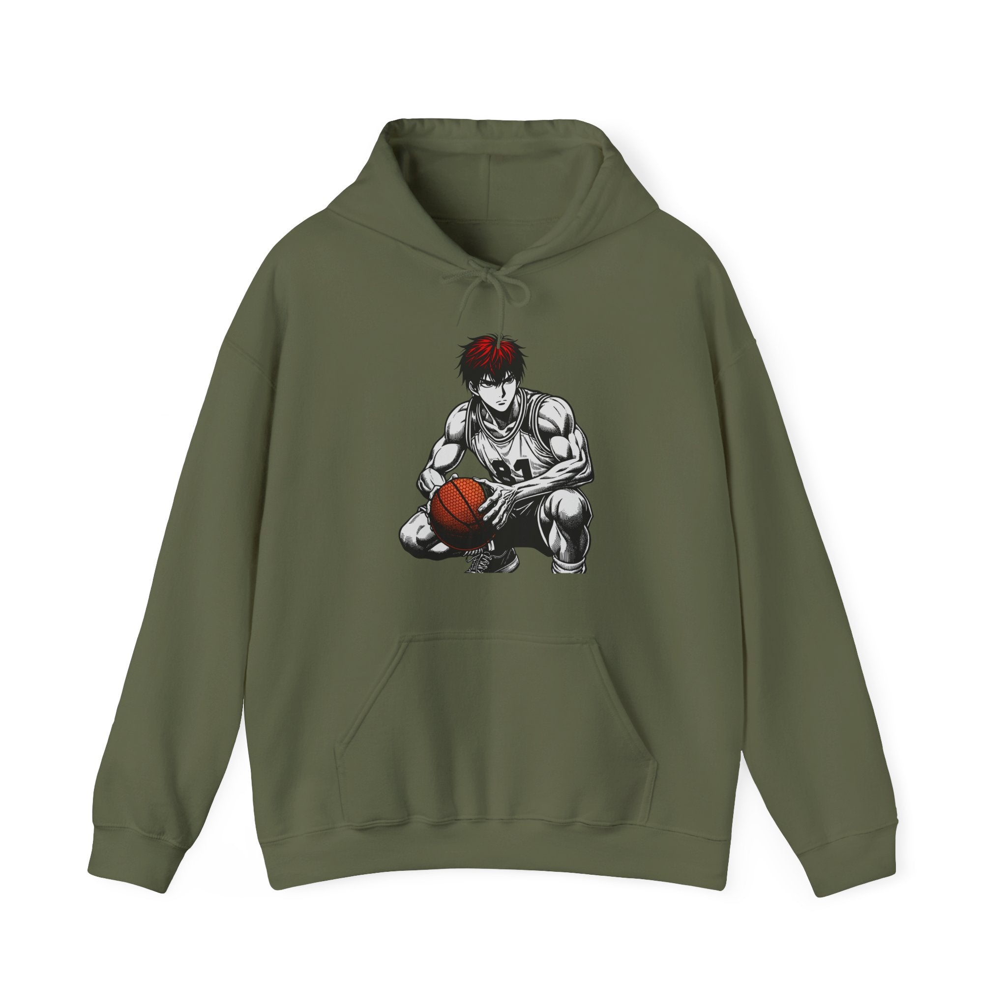 Military green hoodie with a graphic of a character holding a basketball on a white background