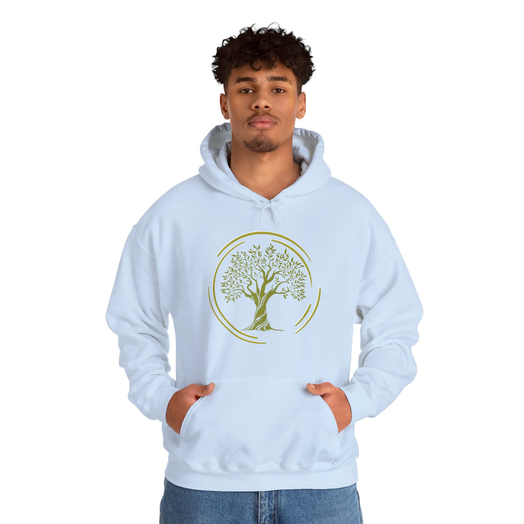 Person wearing a light blue hoodie with a tree graphic on a white background