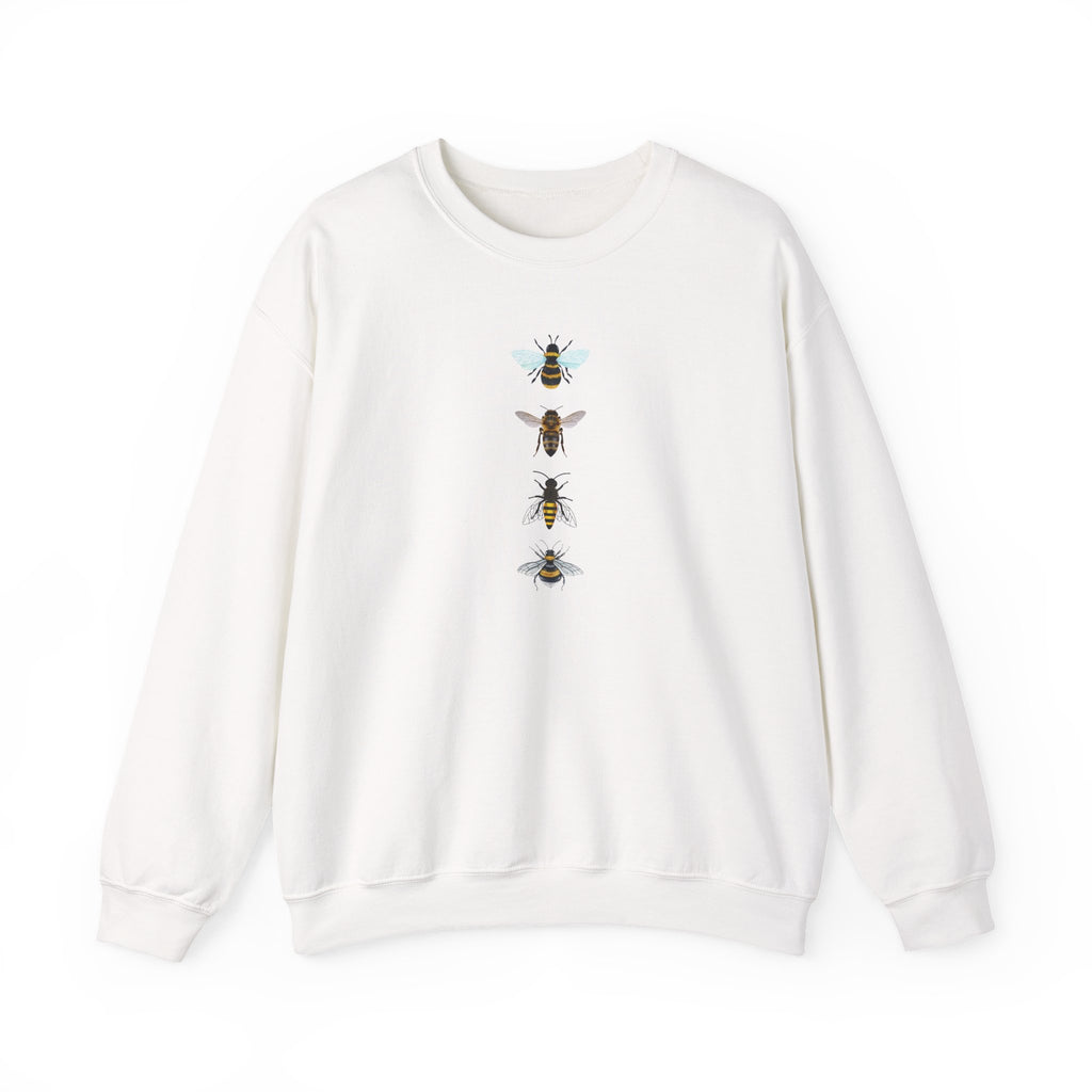 White sweatshirt with bee illustrations on a white background