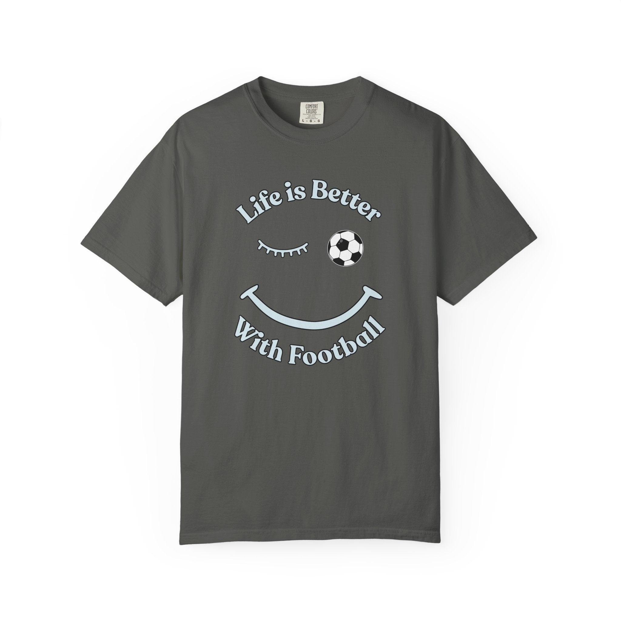 Gray t-shirt with 'Life is Better With Football' text and smiley face design on a white background