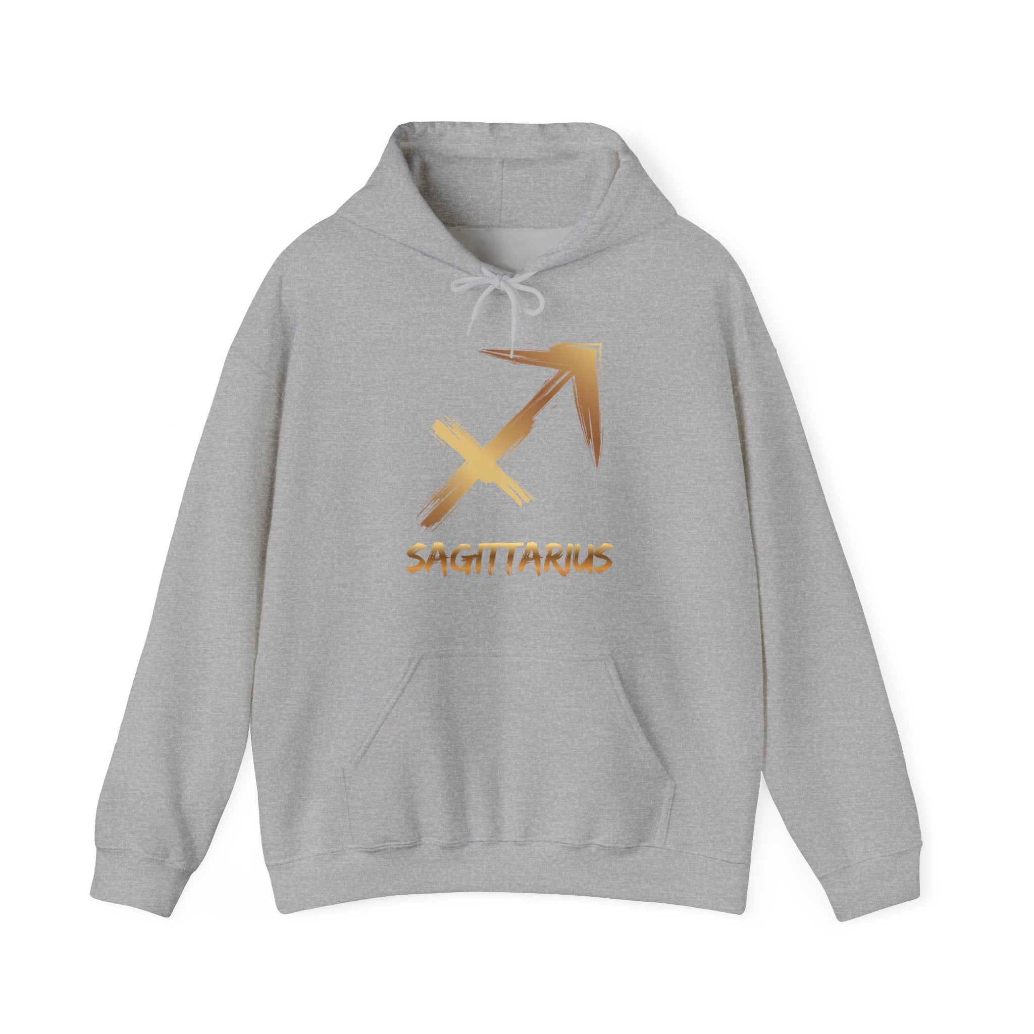 Gray hoodie with gold Sagittarius logo and text on a white background