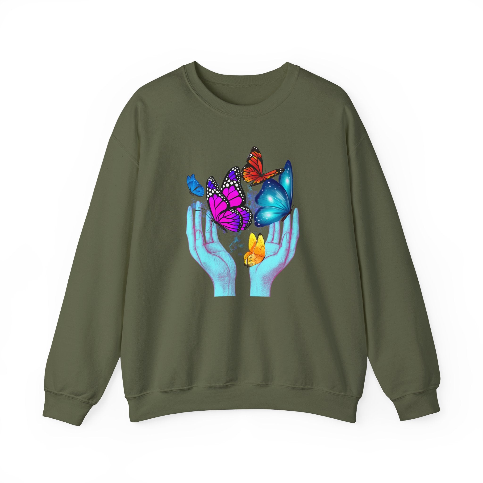 Green sweatshirt with hands holding colorful butterflies design on a white background