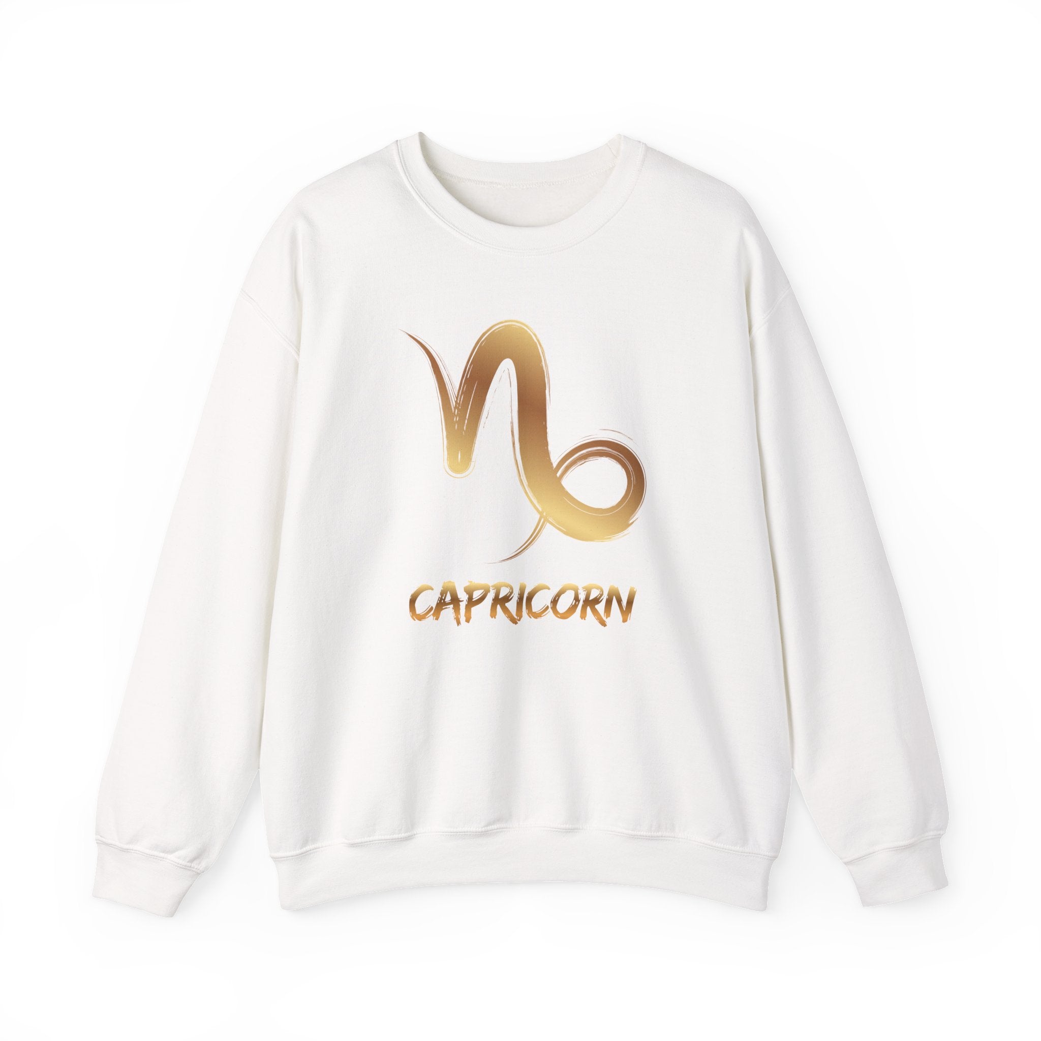 White sweatshirt with gold Capricorn zodiac symbol on a white background