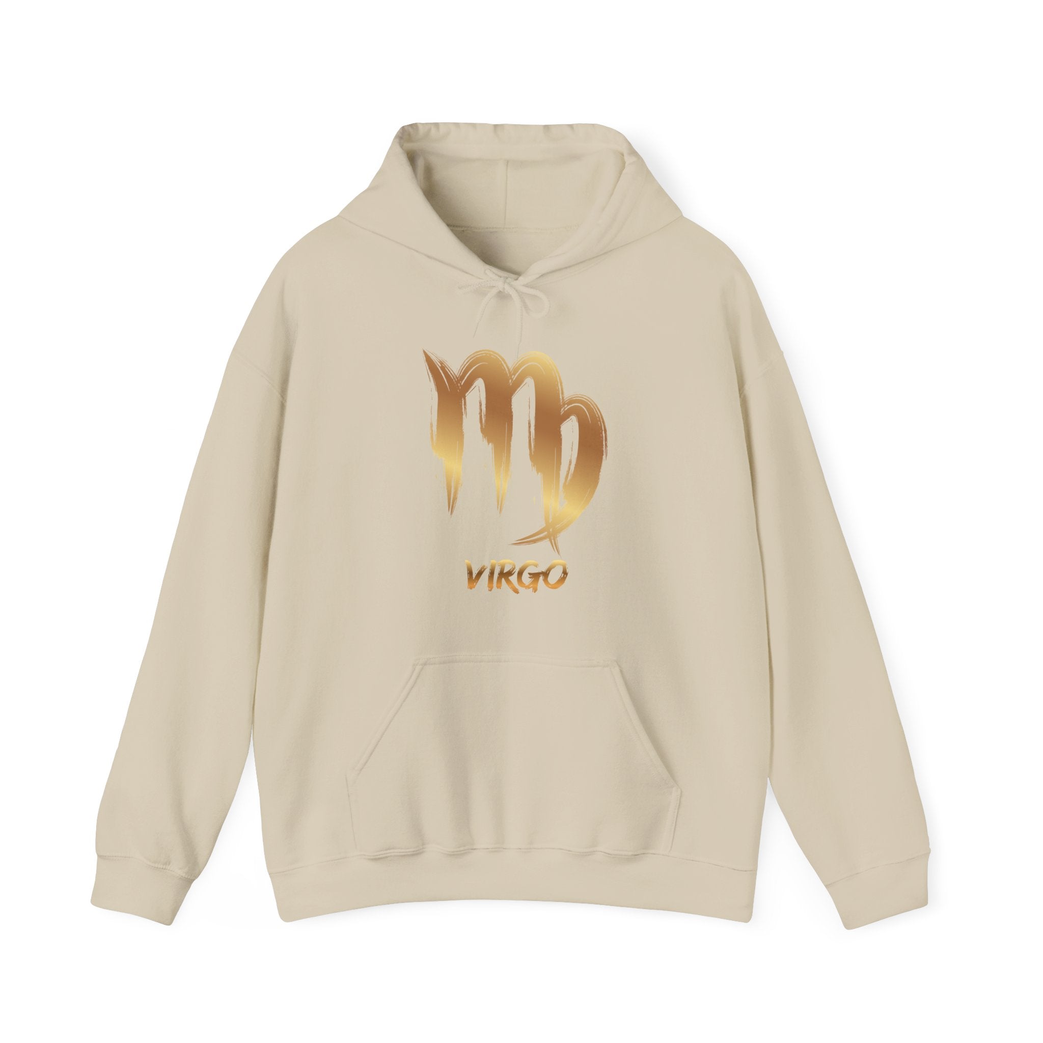 Beige hoodie with gold Virgo zodiac sign design on a white background