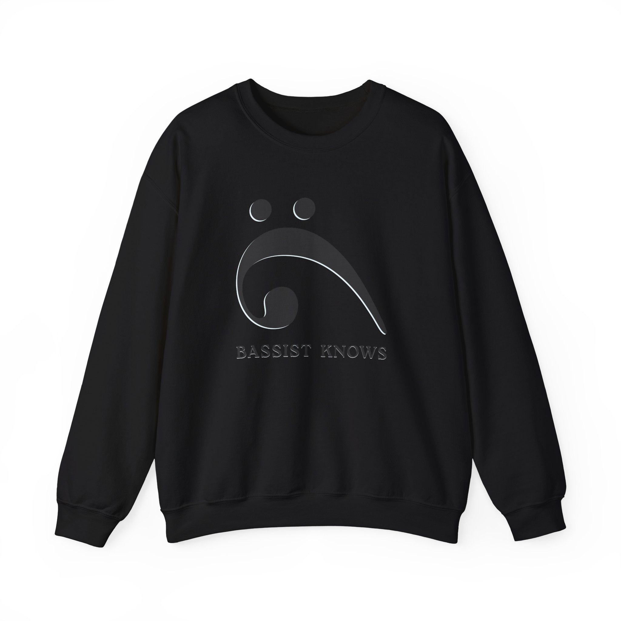 Black sweatshirt with a black bass clef graphic and "Bassist Knows" text on a white background