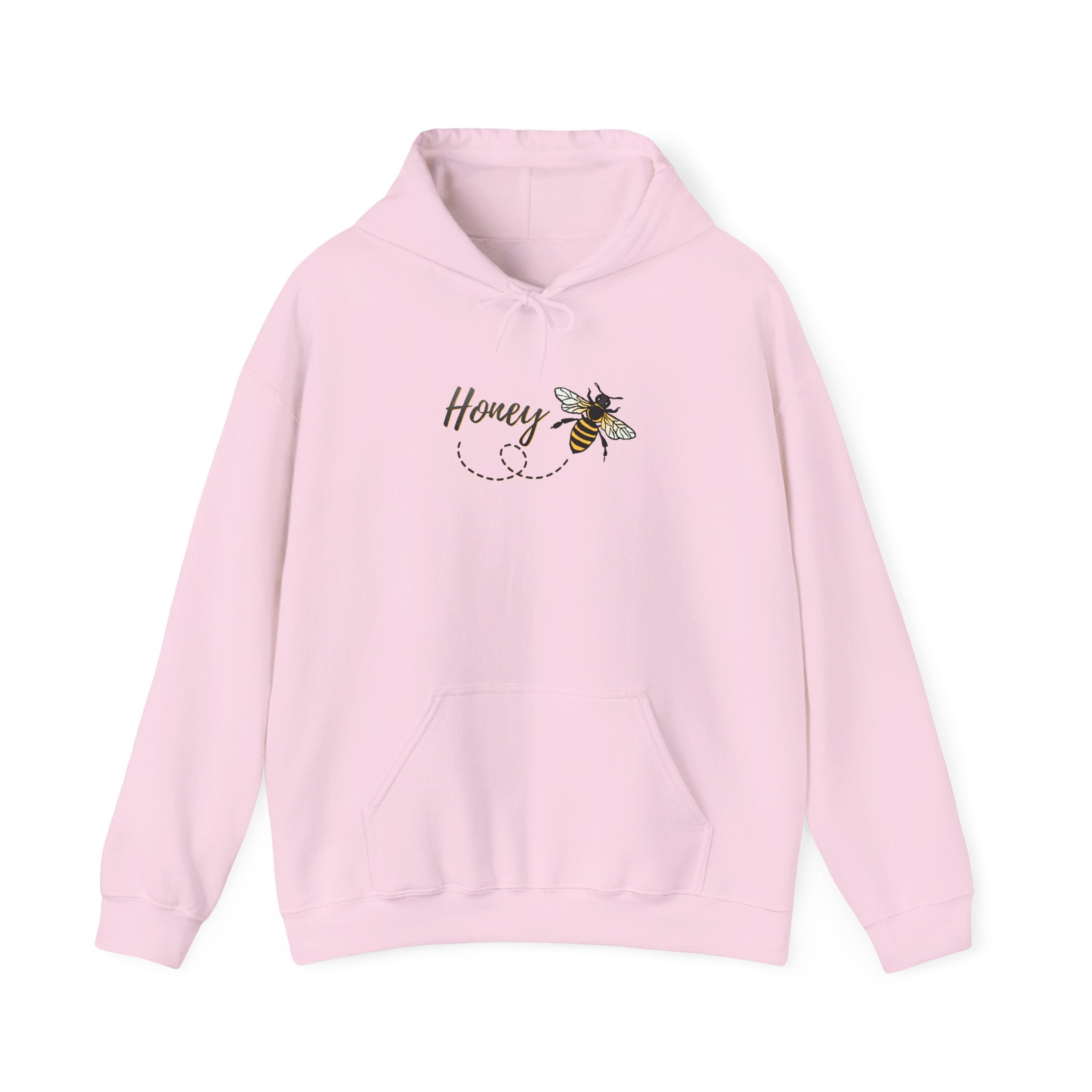 Pink hoodie with a bee and 'Honey' text design on a white background