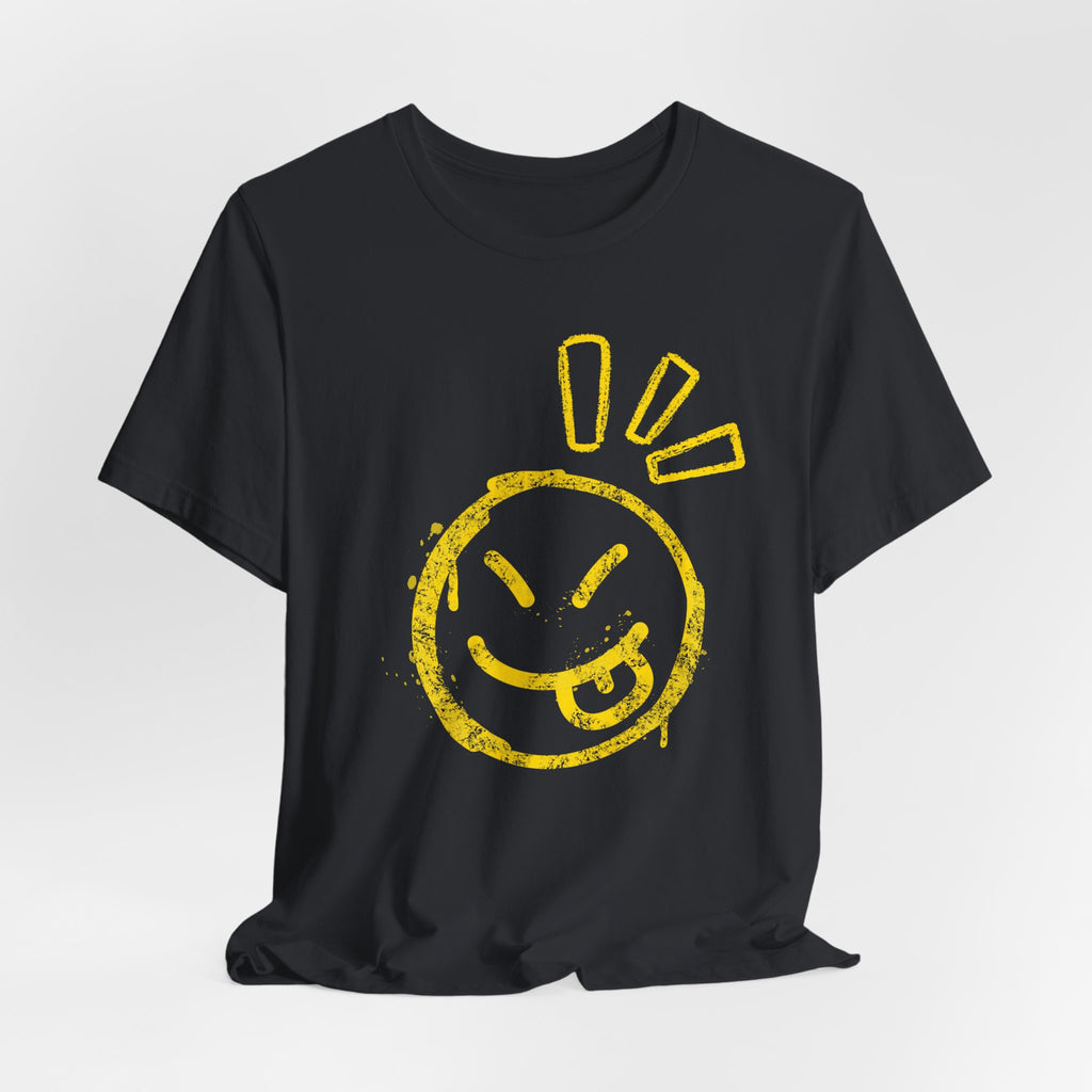 Black t-shirt with yellow smiley face design on a white background