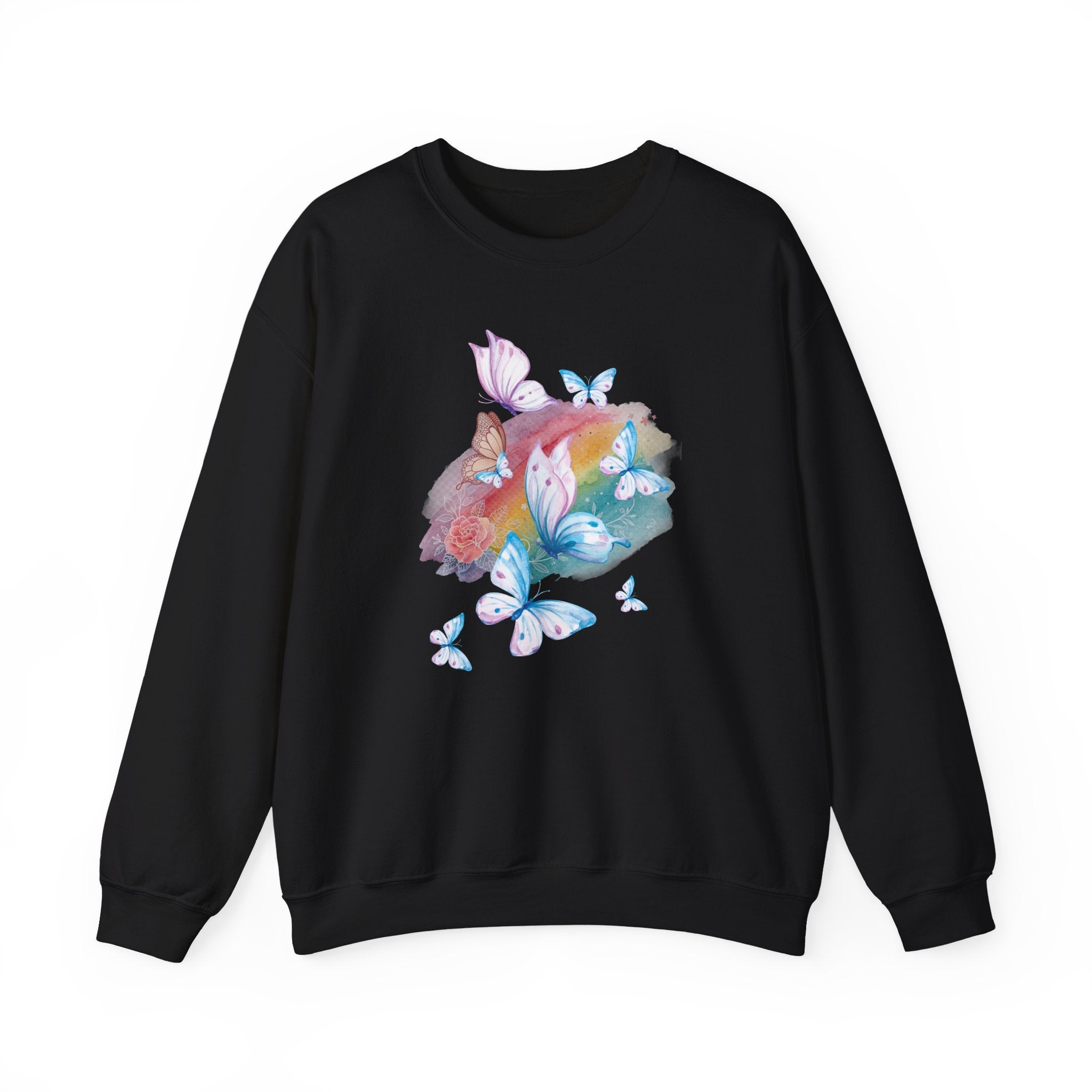 Black sweatshirt with colorful butterfly design on a white background