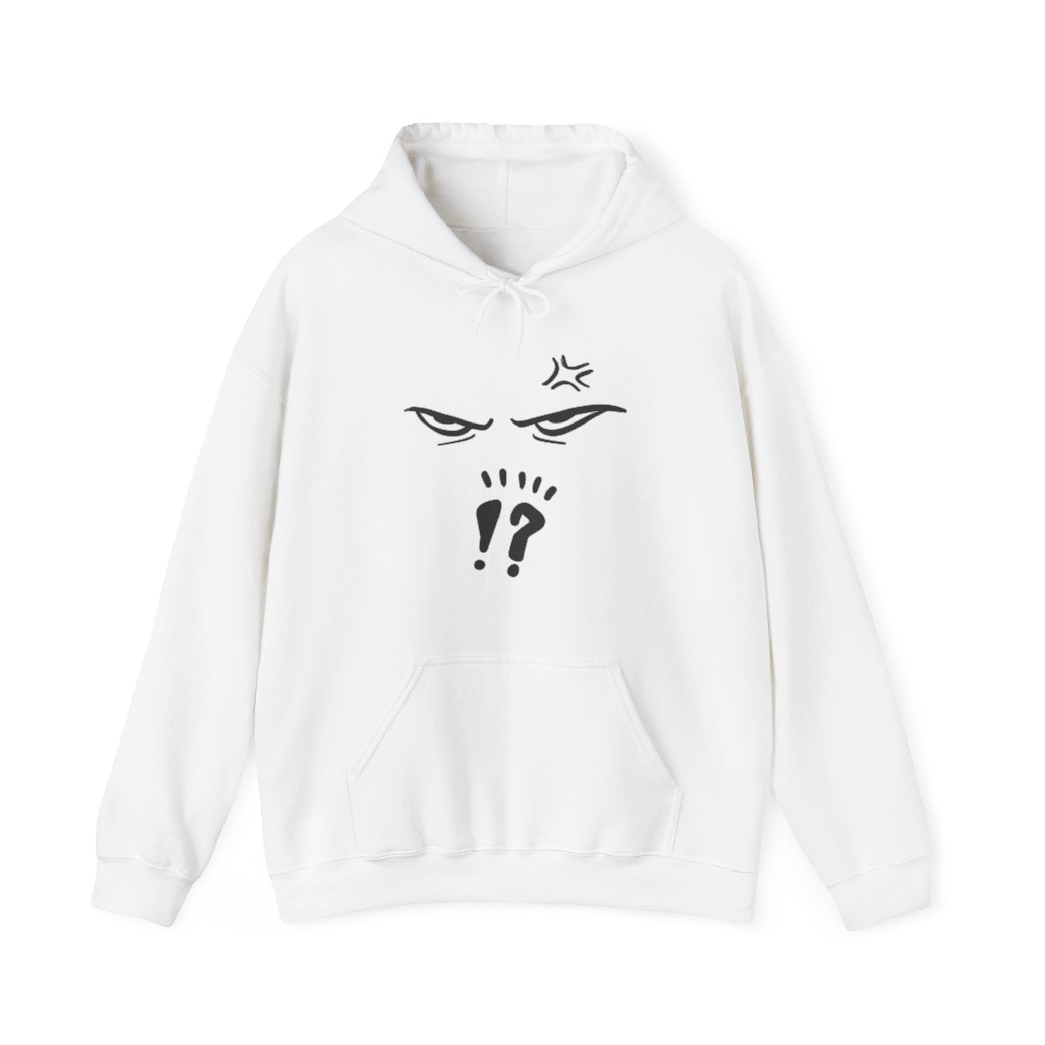 White hoodie with a graphic anime design against a white background