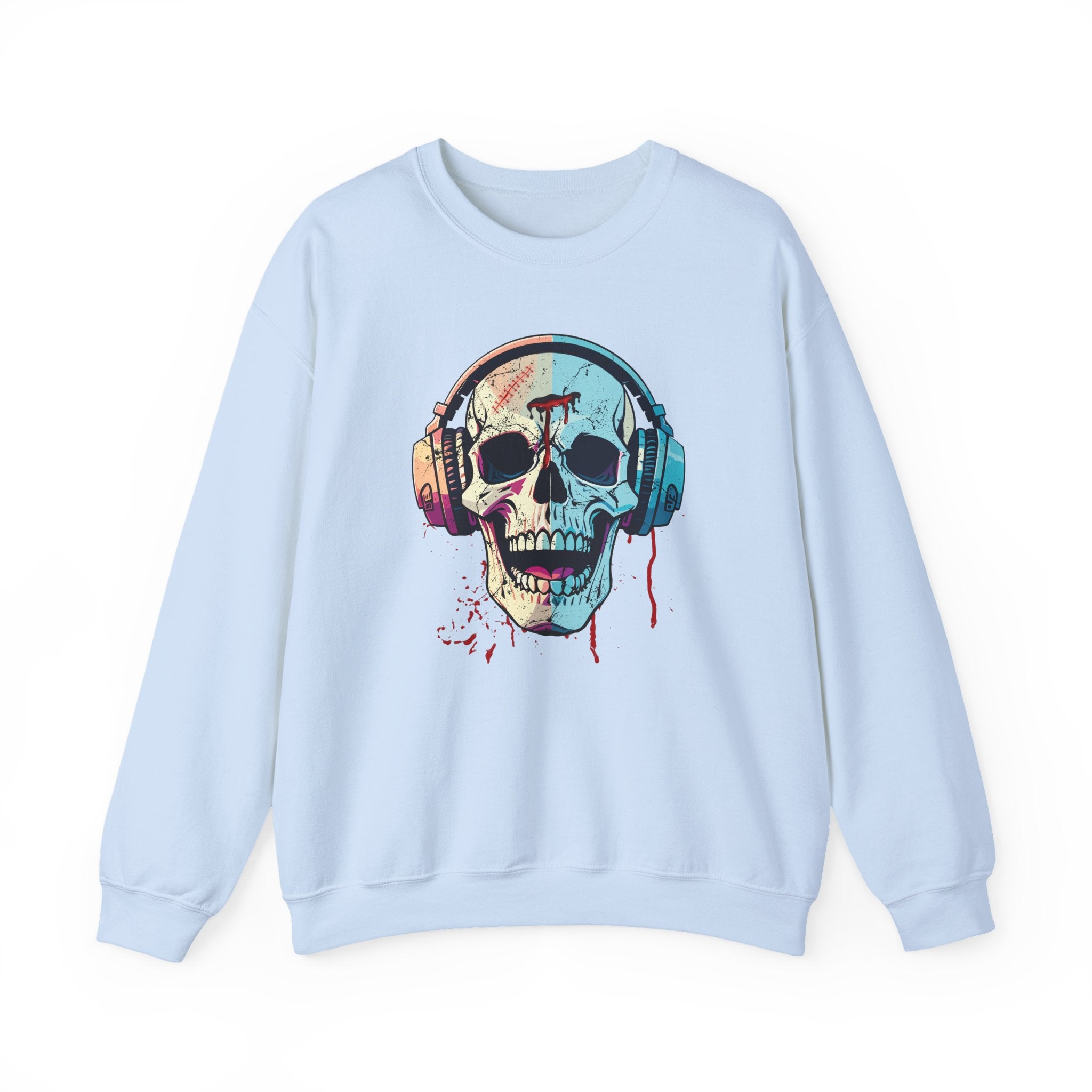 Light blue sweatshirt with a colorful skull design wearing headphones on a white background