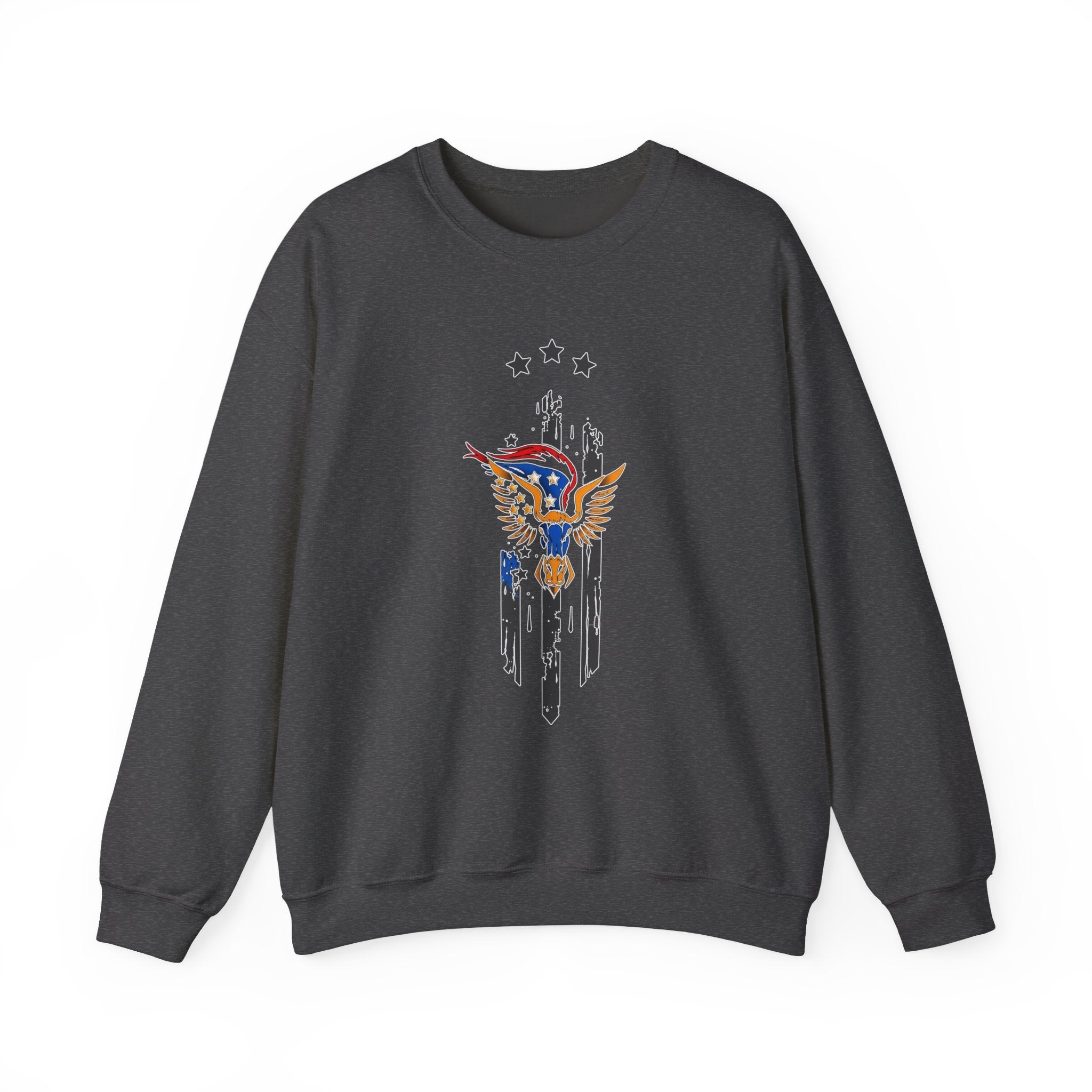 Dark gray sweatshirt with a colorful eagle design on a white background