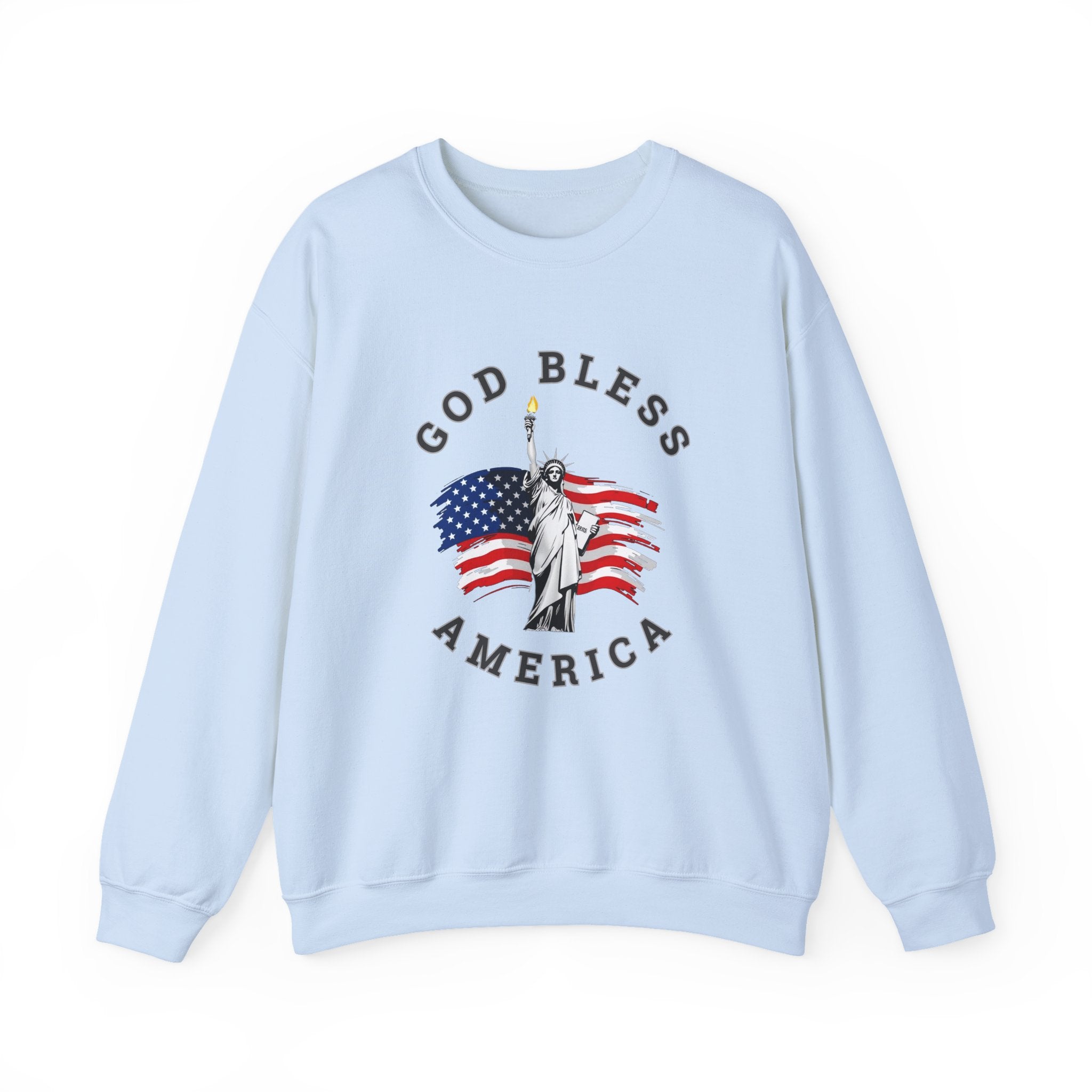 Light blue sweatshirt with 'God Bless America' graphic on a white background