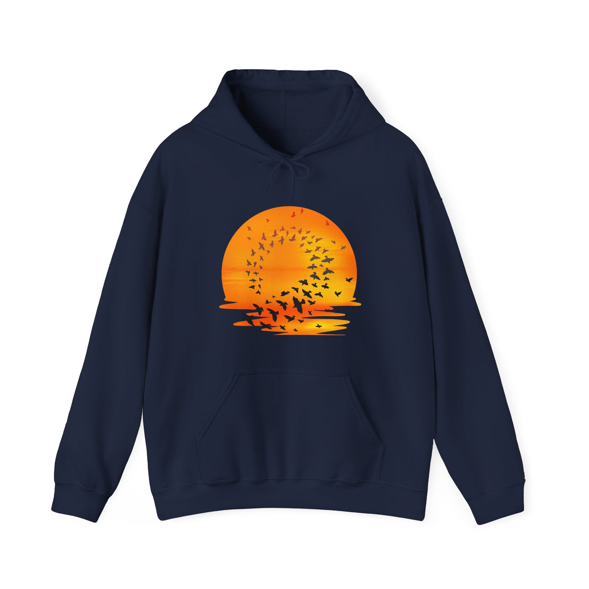 Navy blue hoodie with a sunset and bird design on a white background
