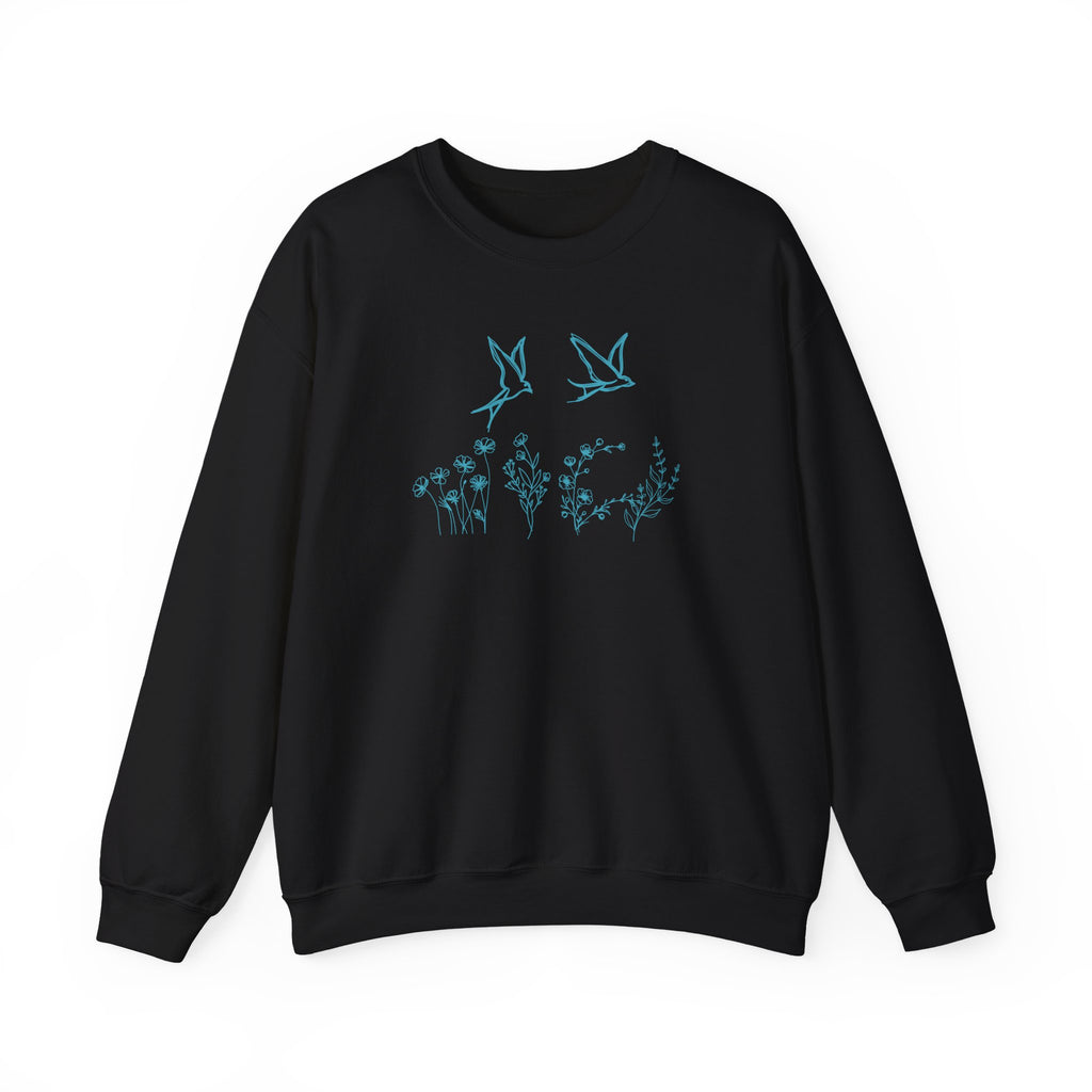 Black sweatshirt with bird and flower graphics on a white background