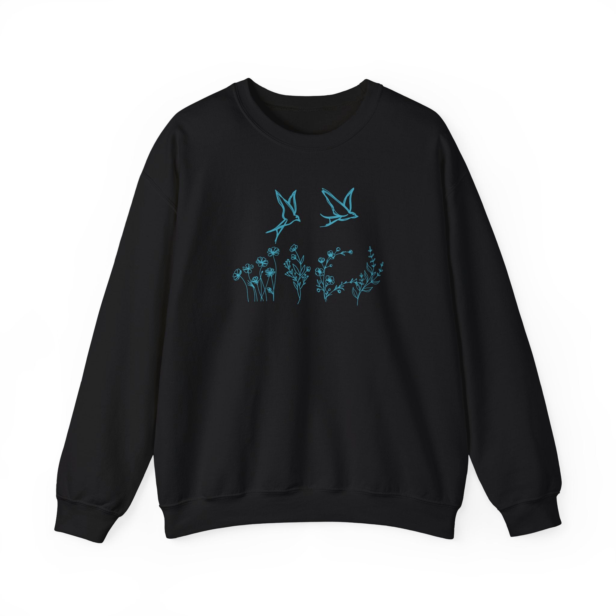 Black sweatshirt with bird and flower graphics on a white background