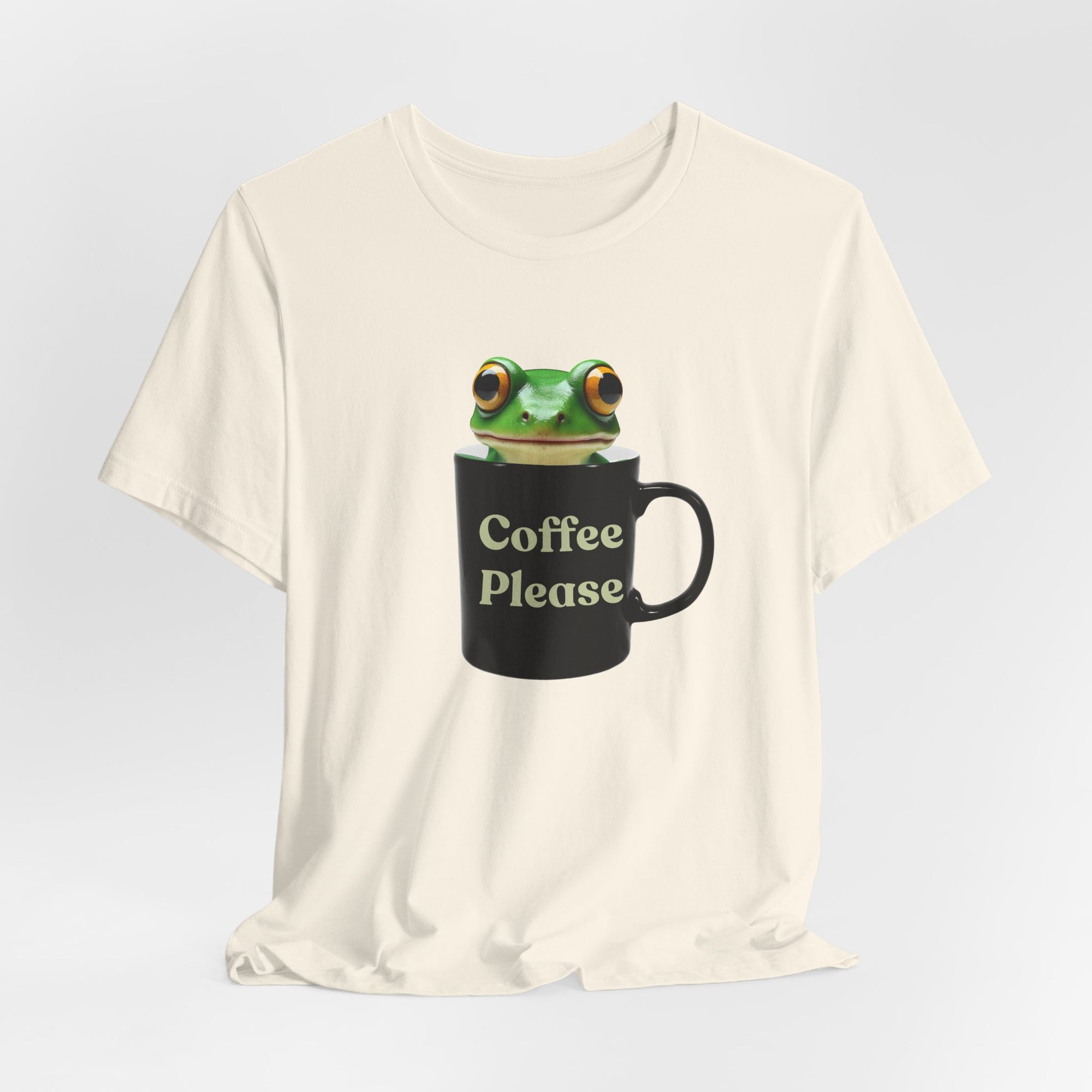 Cute Frog Inside Mug T-Shirt – "Coffee Please" Quote Graphic Tee for Coffee Lovers, Funny Frog with Mug Shirt, Gift for Caffeine Addicts