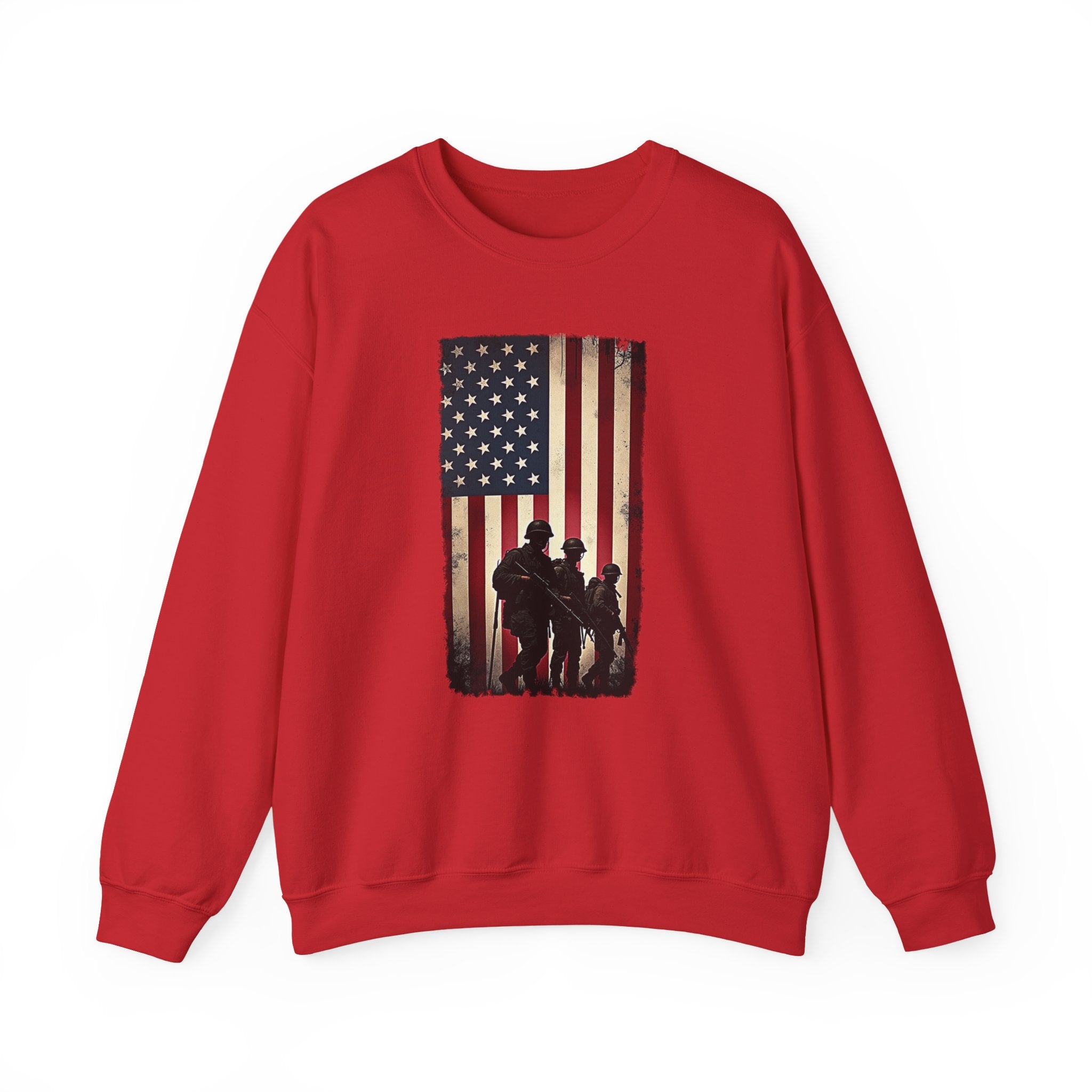 Red sweatshirt with a graphic of the American flag and three silhouettes on a white background