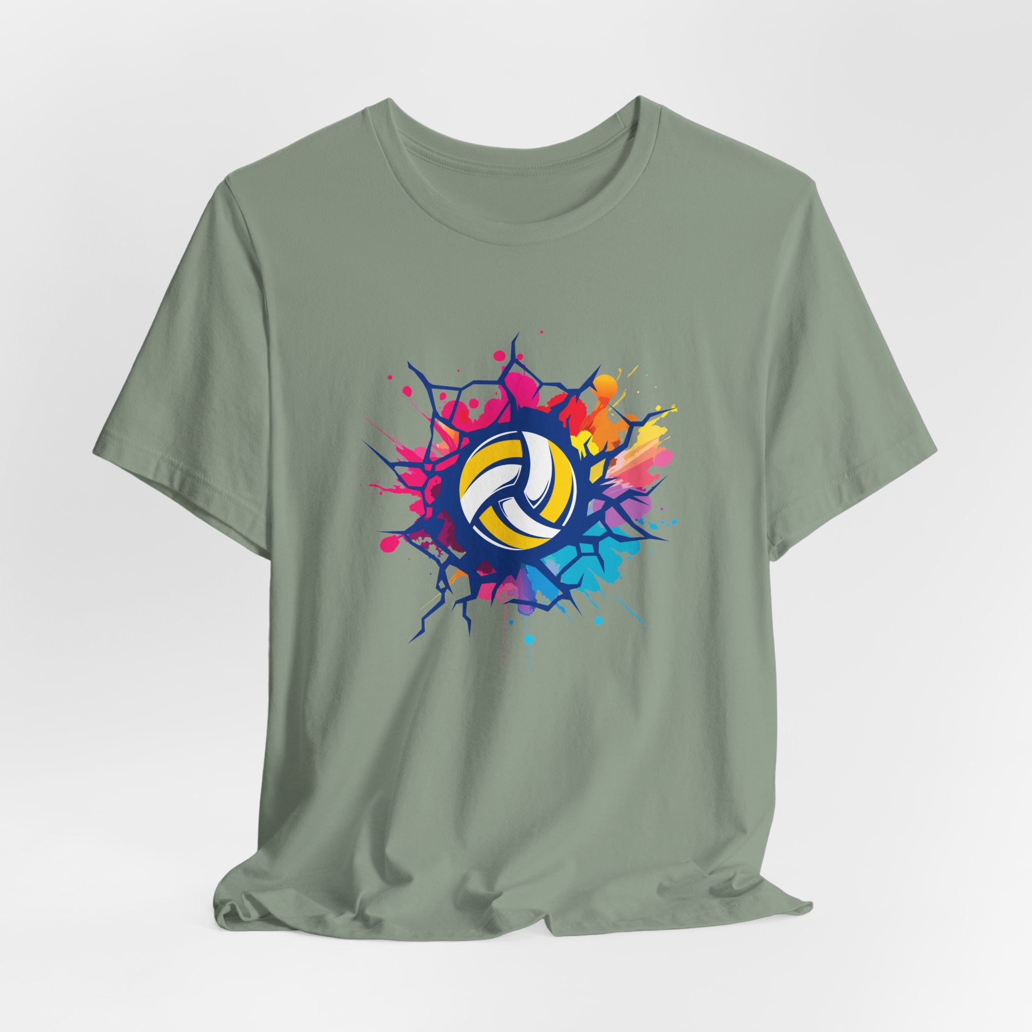 Green t-shirt with colorful volleyball graphic on a light gray background