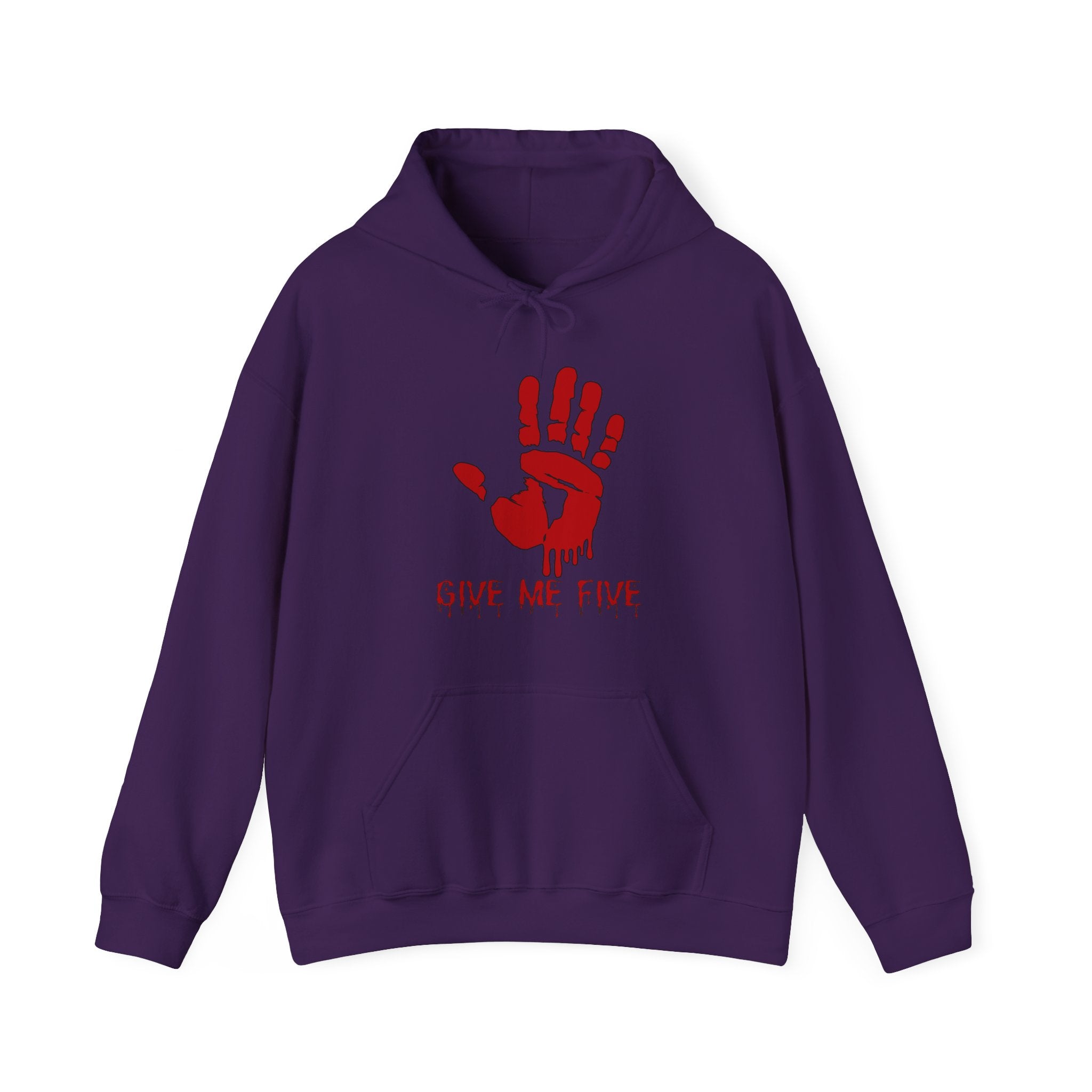 Purple hoodie with red hand and text "Give Me Five" on a white background