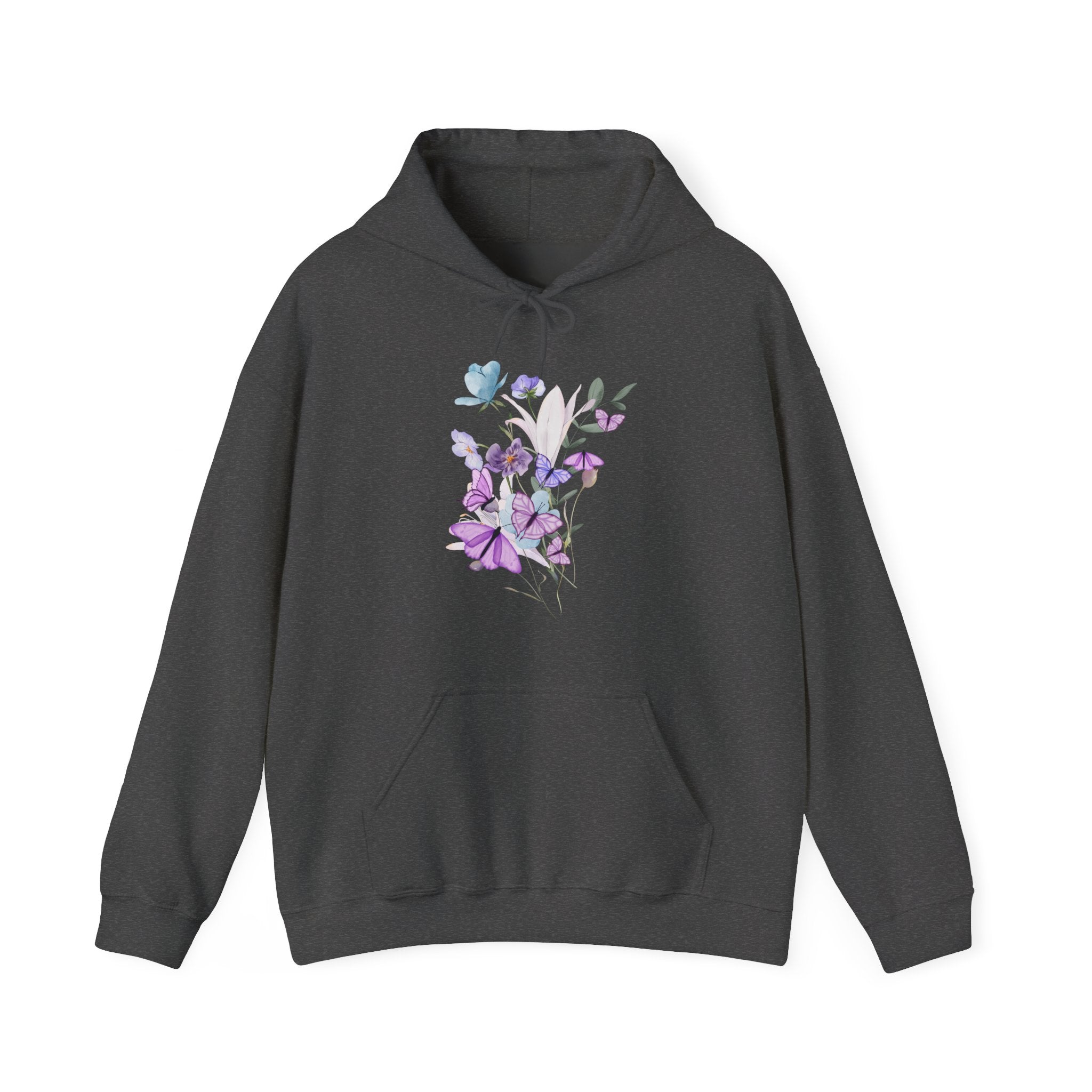 Dark gray hoodie with a graphic of flowers and butterflies on a white background