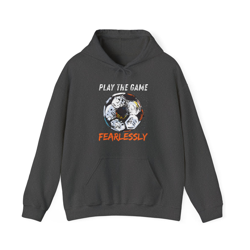 Dark grey hoodie with dirty soccer ball graphic and play the game fearlessly text on a white background