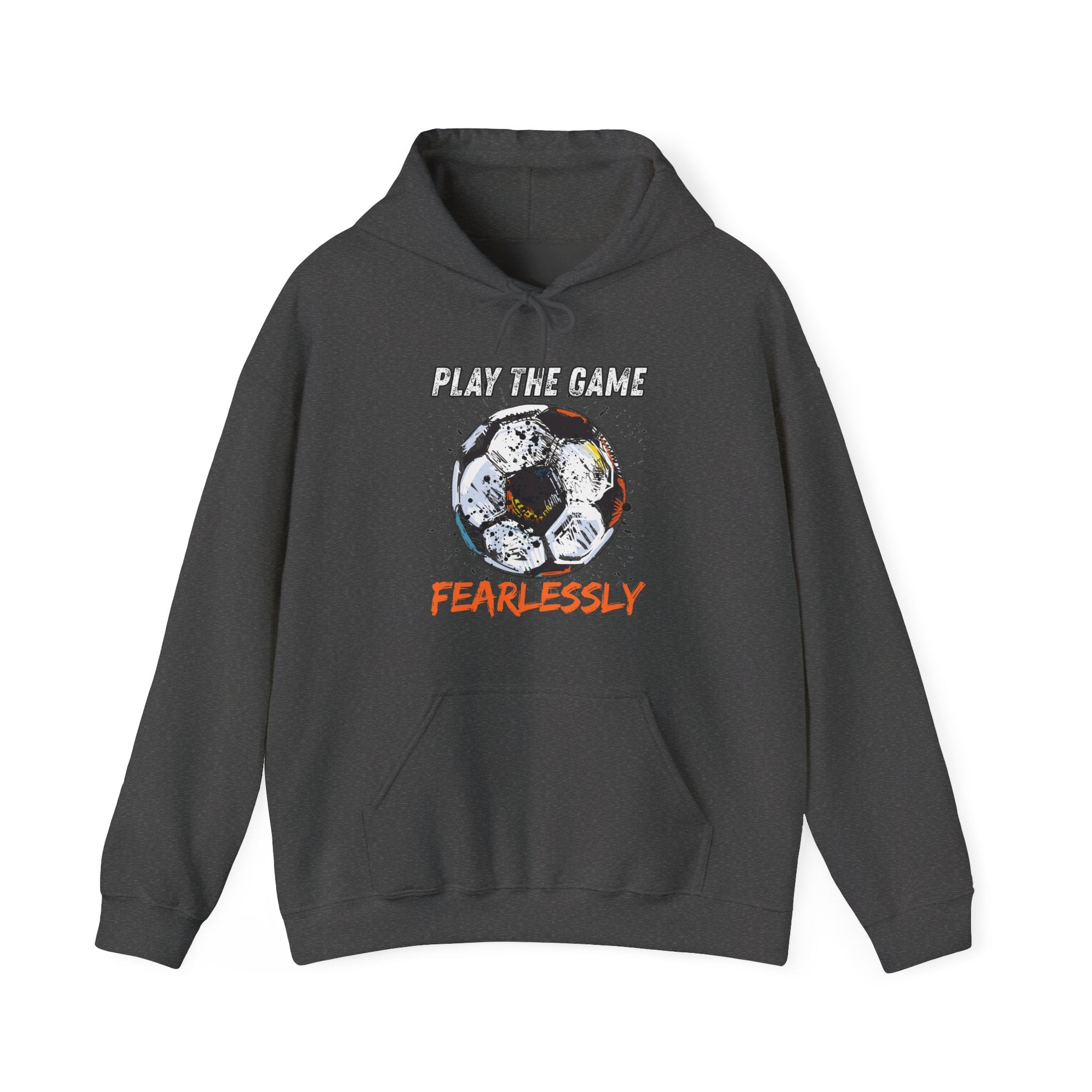 Dark grey hoodie with dirty soccer ball graphic and play the game fearlessly text on a white background