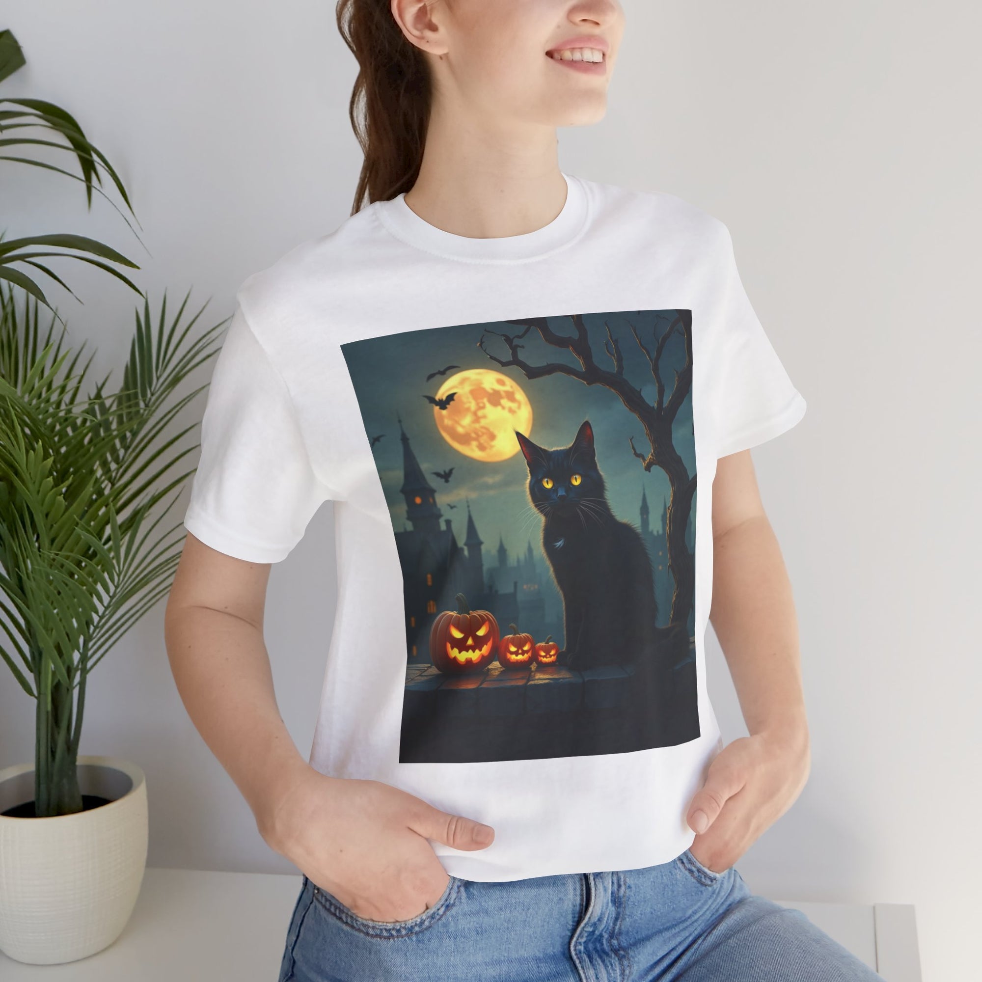 Halloween Cat with Bats and Pumpkins T-shirt for Men and Women