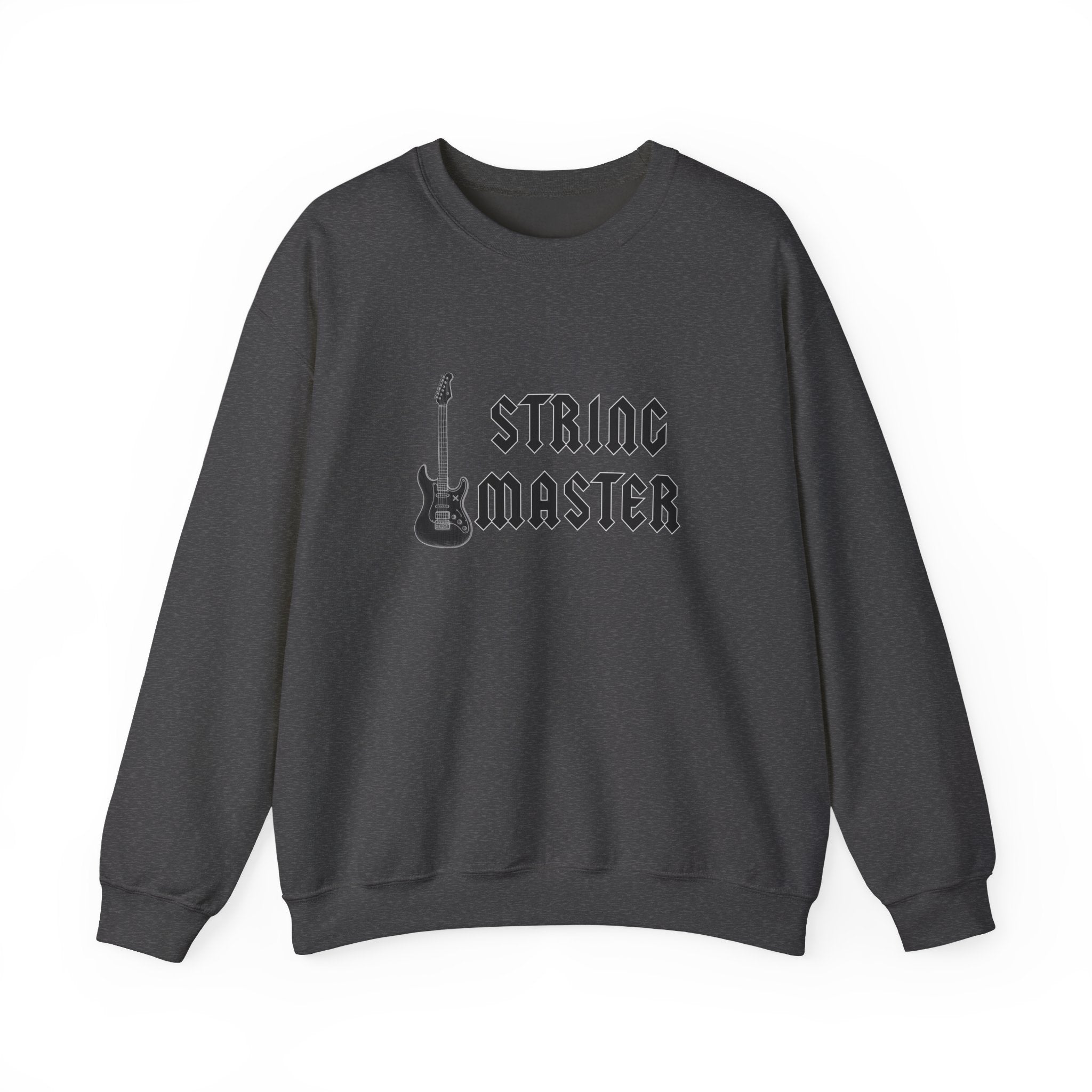 Dark gray sweatshirt with 'String Master' graphic and guitar on a white background