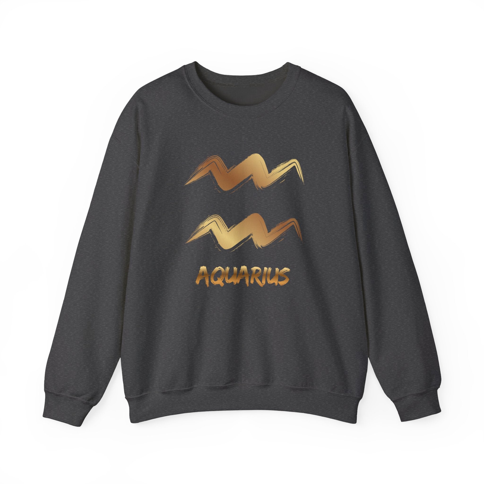 Dark grey sweatshirt with Aquarius design in gold on a white background