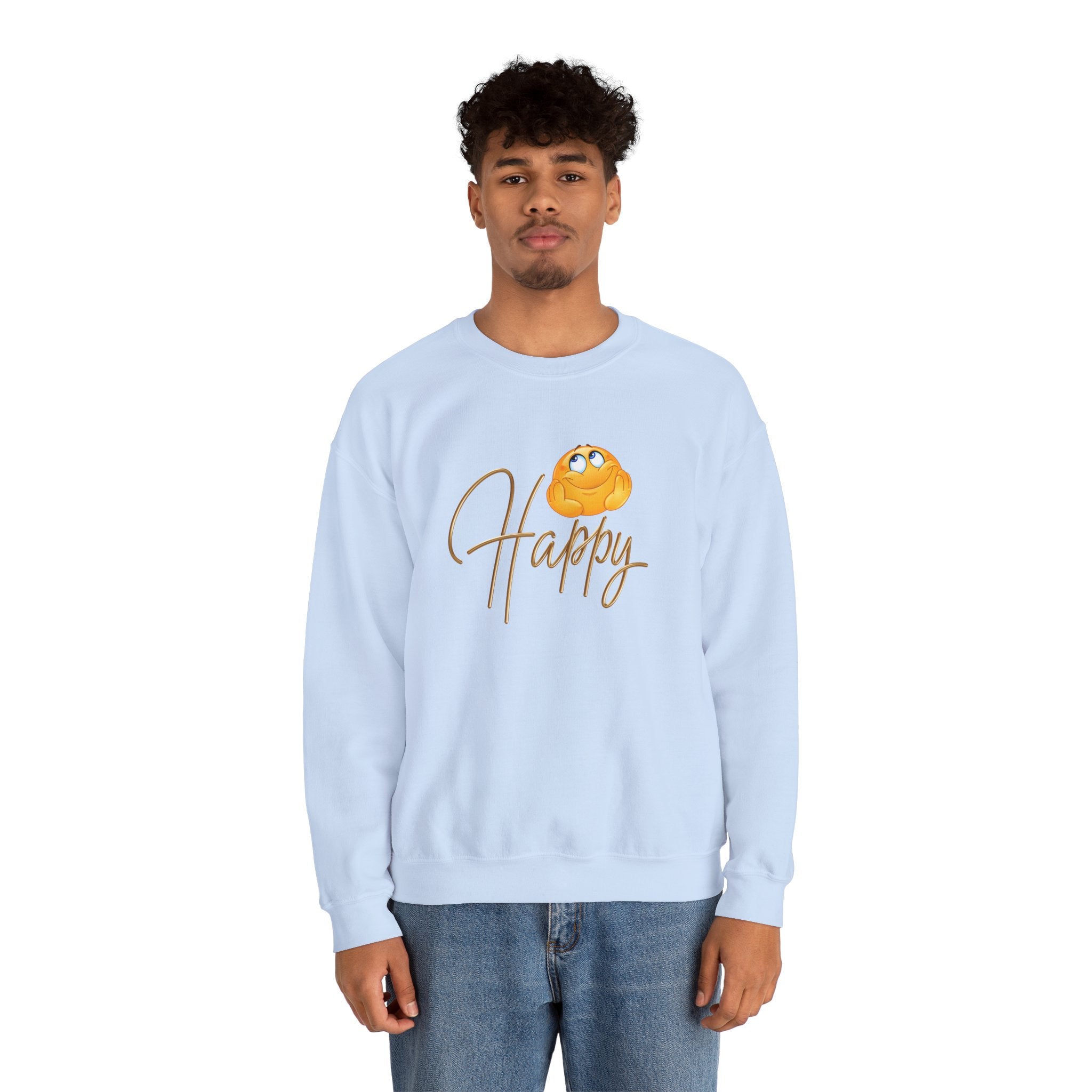Person wearing a light blue sweatshirt with a pumpkin and 'Happy' text design on a white background