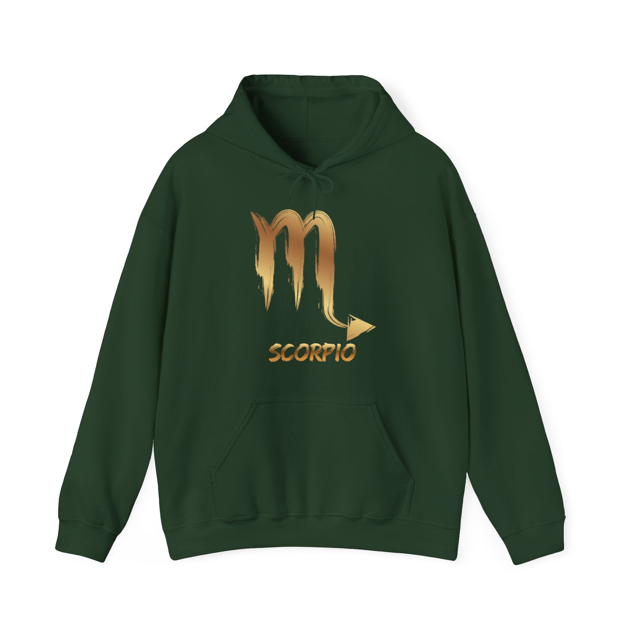 Green hoodie with gold Scorpio symbol and text on a white background