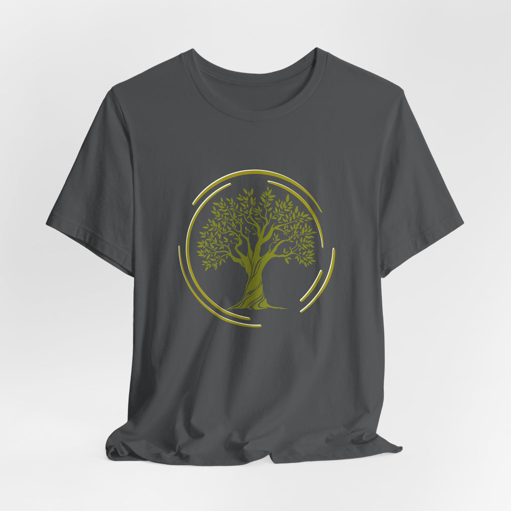Gray t-shirt with a graphic of tree inside the circle on a white background