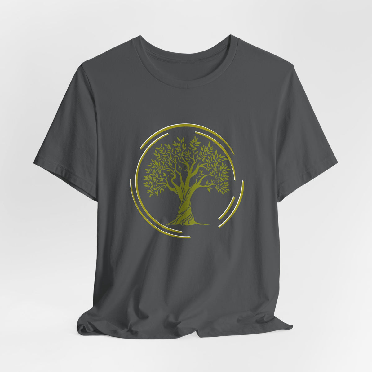 Gray t-shirt with a graphic of tree inside the circle on a white background