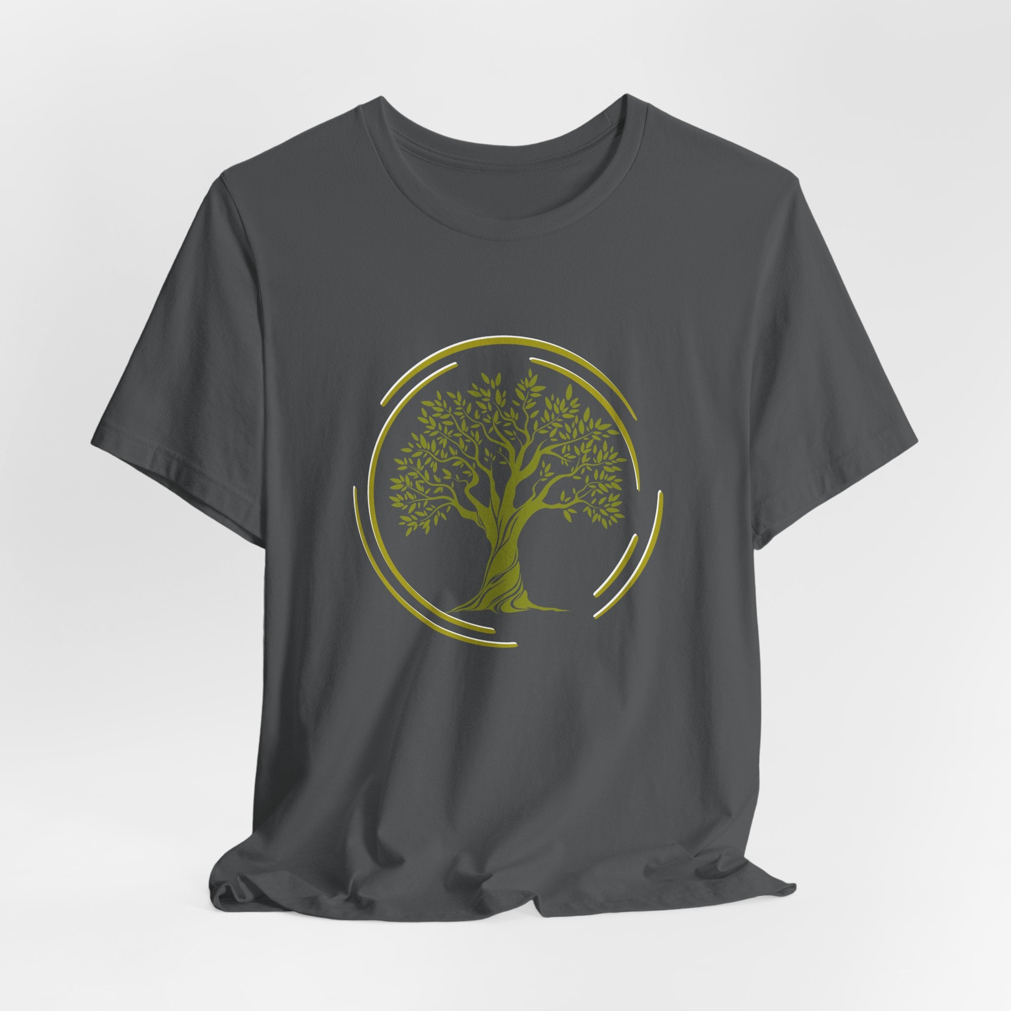 Gray t-shirt with a graphic of tree inside the circle on a white background