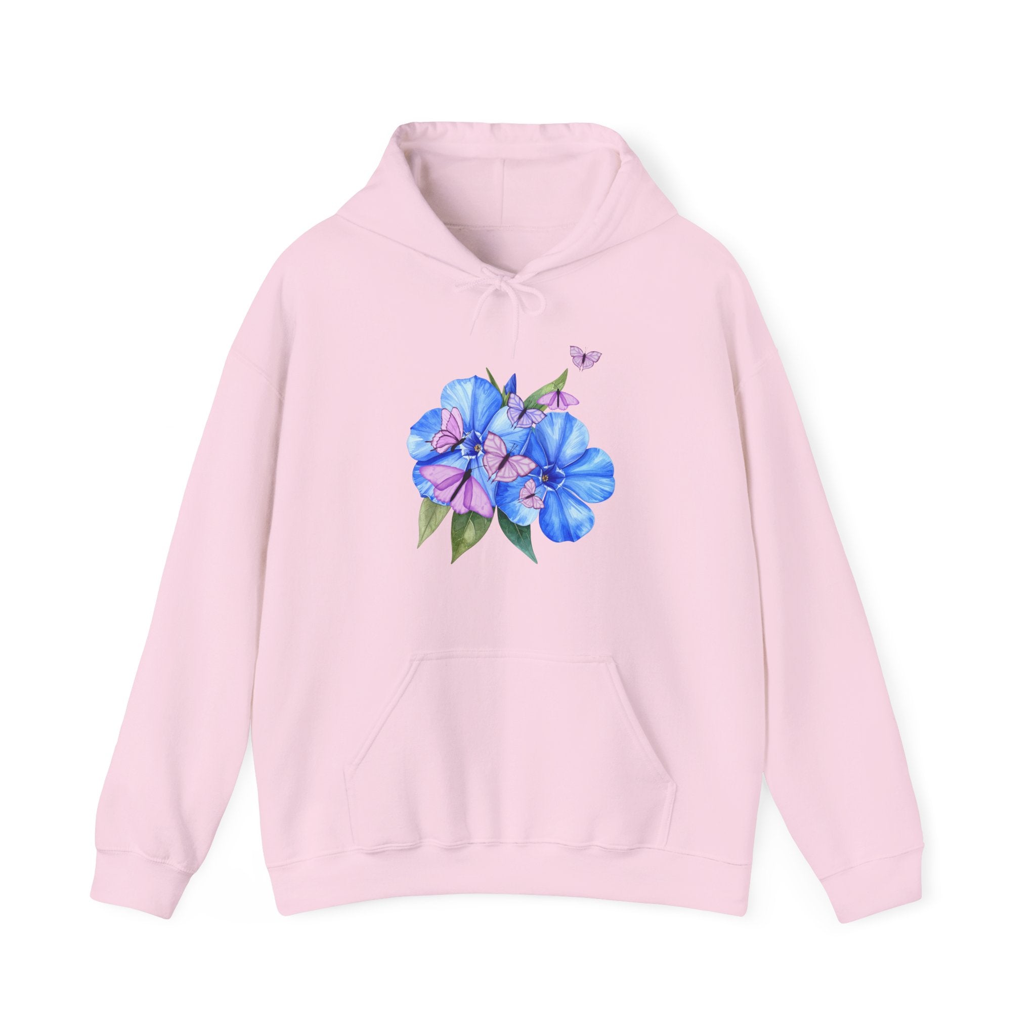Pink hoodie with a floral design on a white background