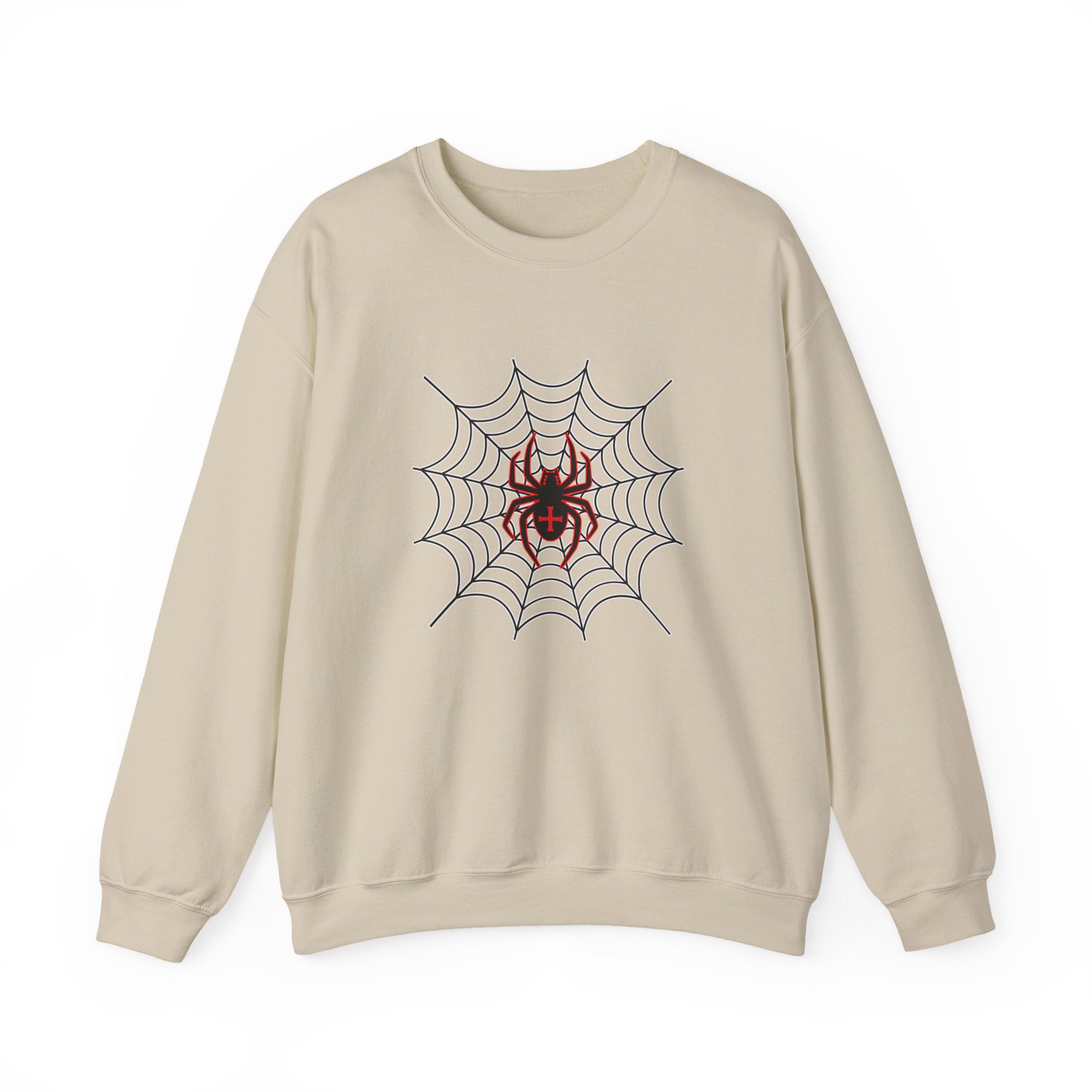 Beige sweatshirt with a spider and web design on a white background