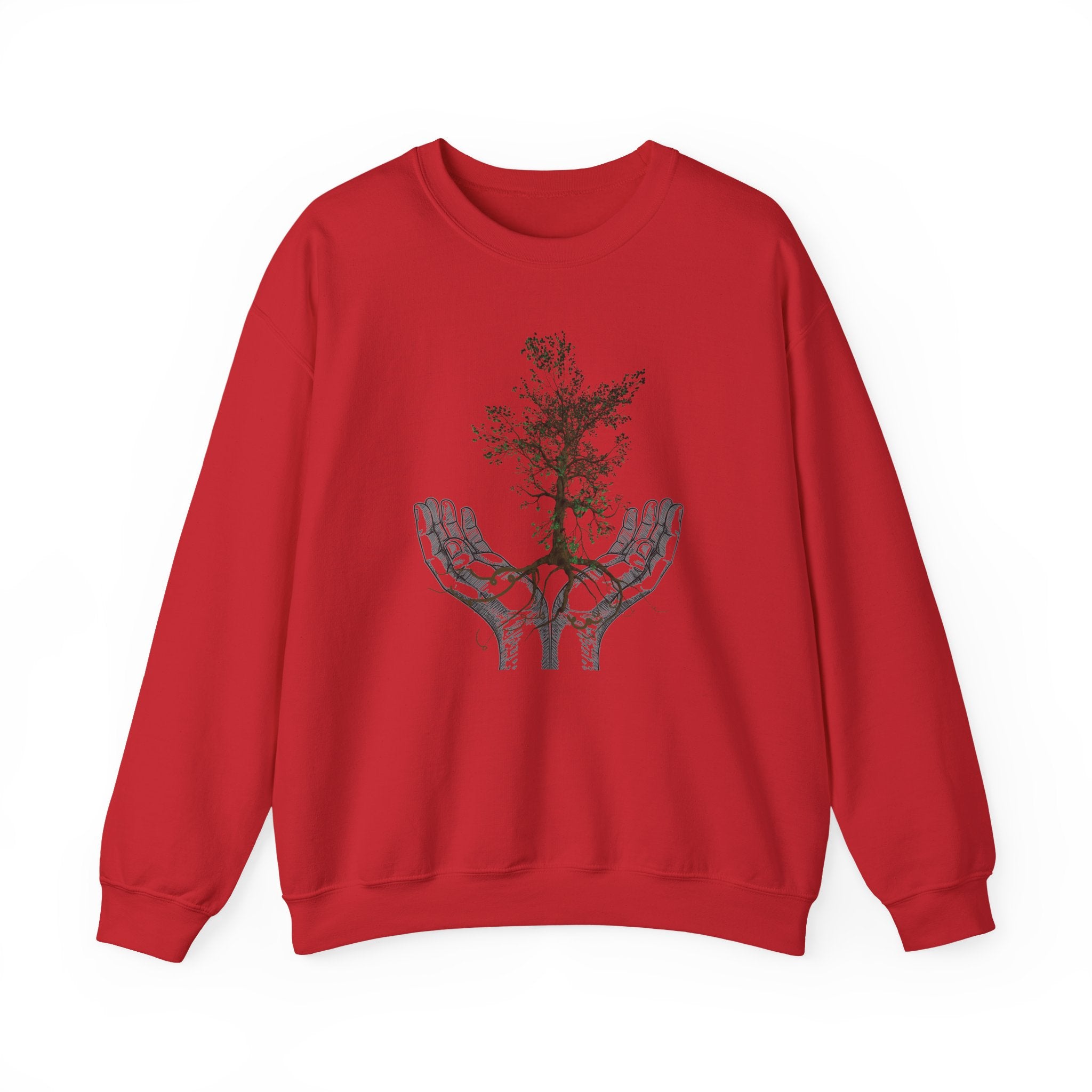 Red sweatshirt with a graphic design of hands holding a tree on a white background