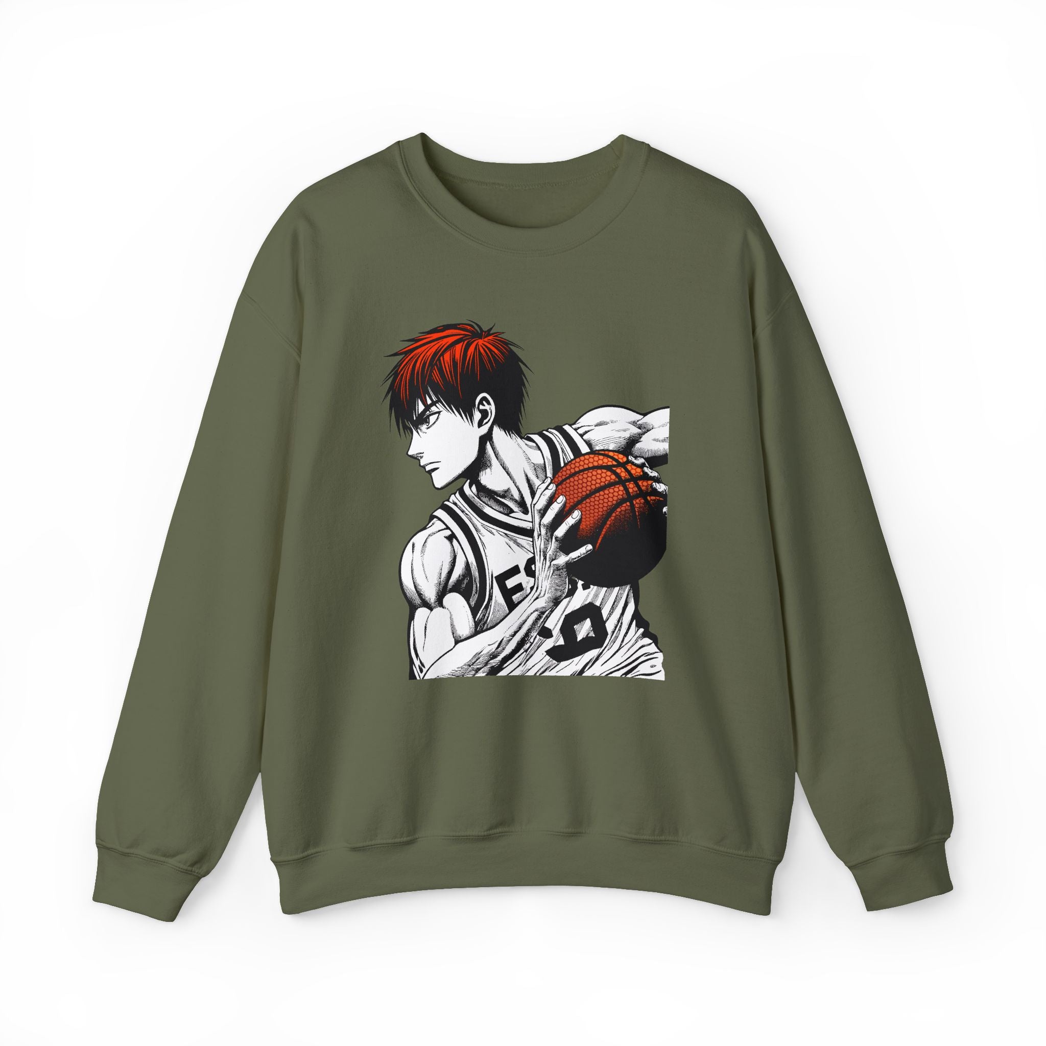 Green sweatshirt with an anime-style character holding a basketball on a white background