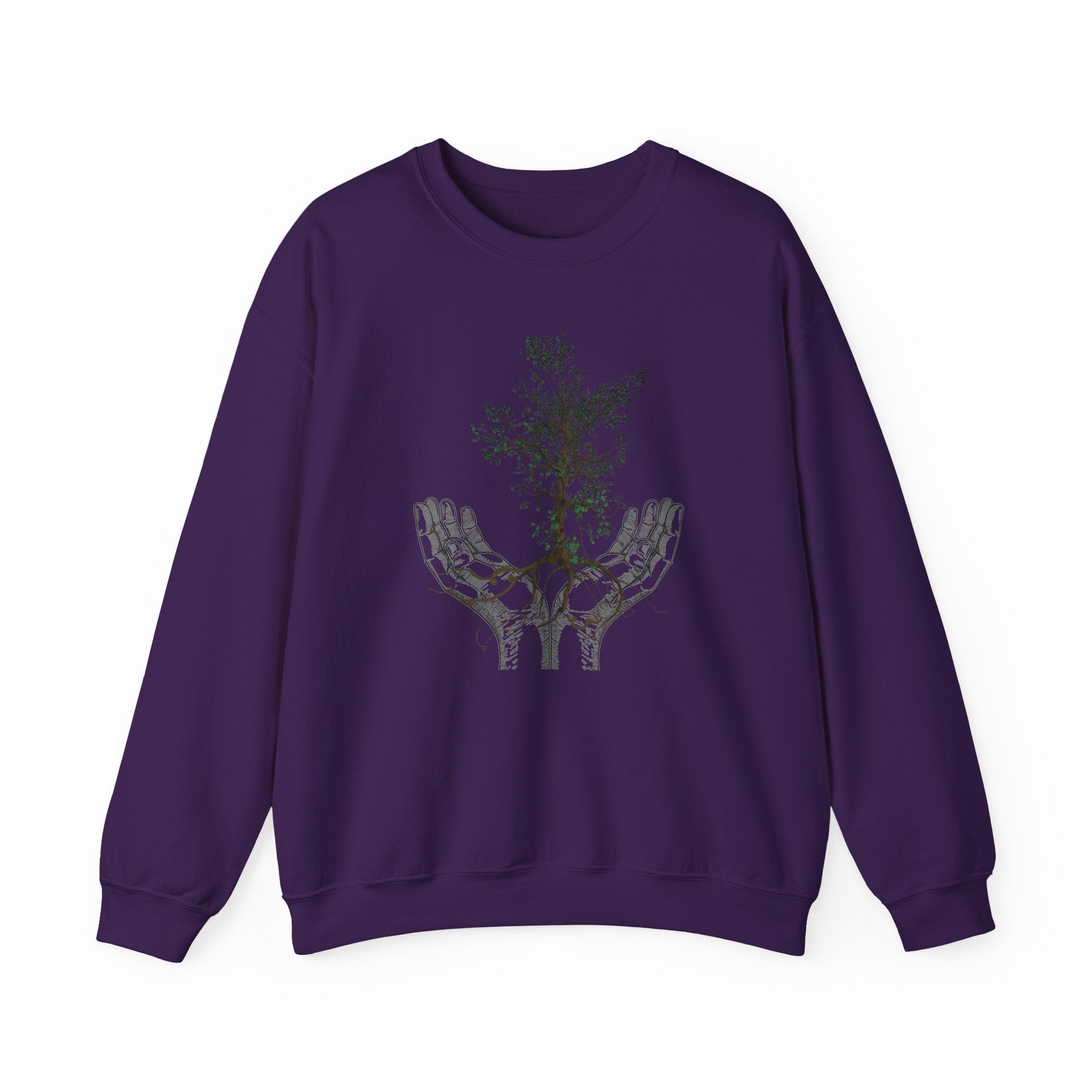 Purple sweatshirt with a tree and hand design on a white background