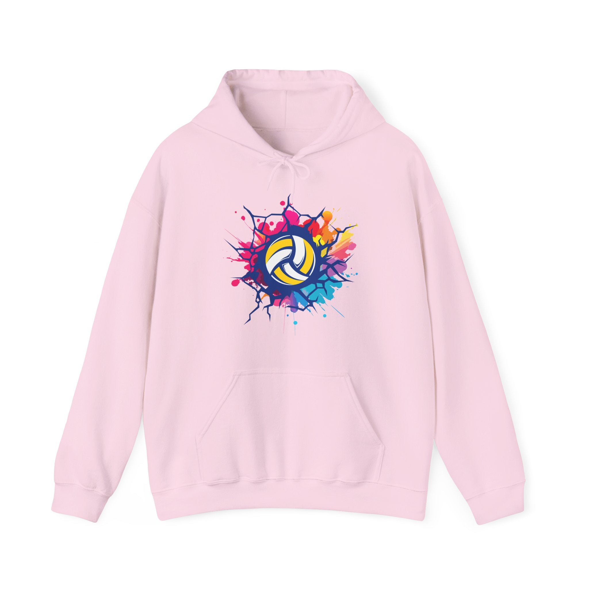 Pink hoodie with a colorful volleyball design on a white background